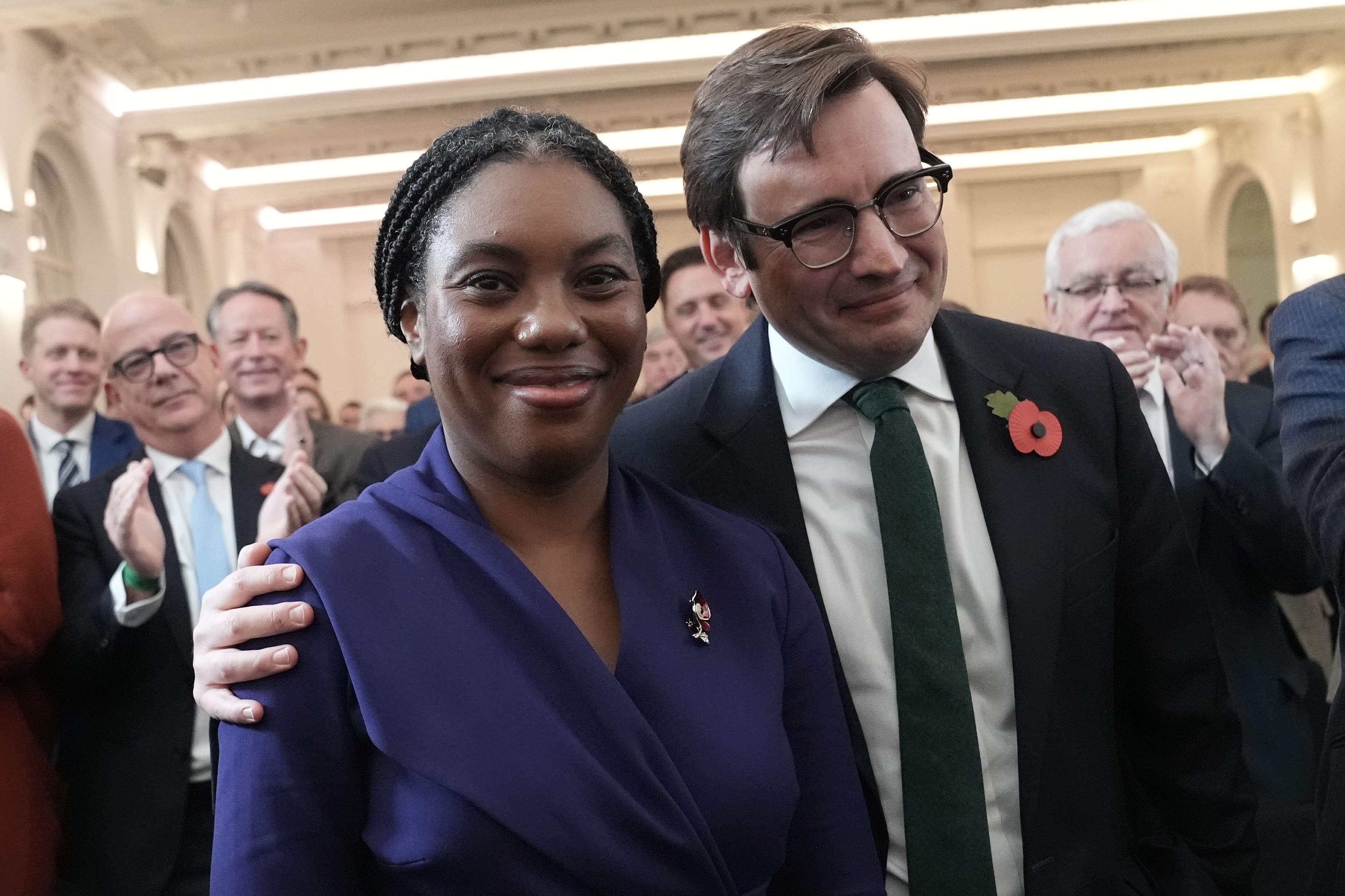 Kemi Badenoch is congratulated by her husband, Hamish Badenoch, after being elected Tory leader