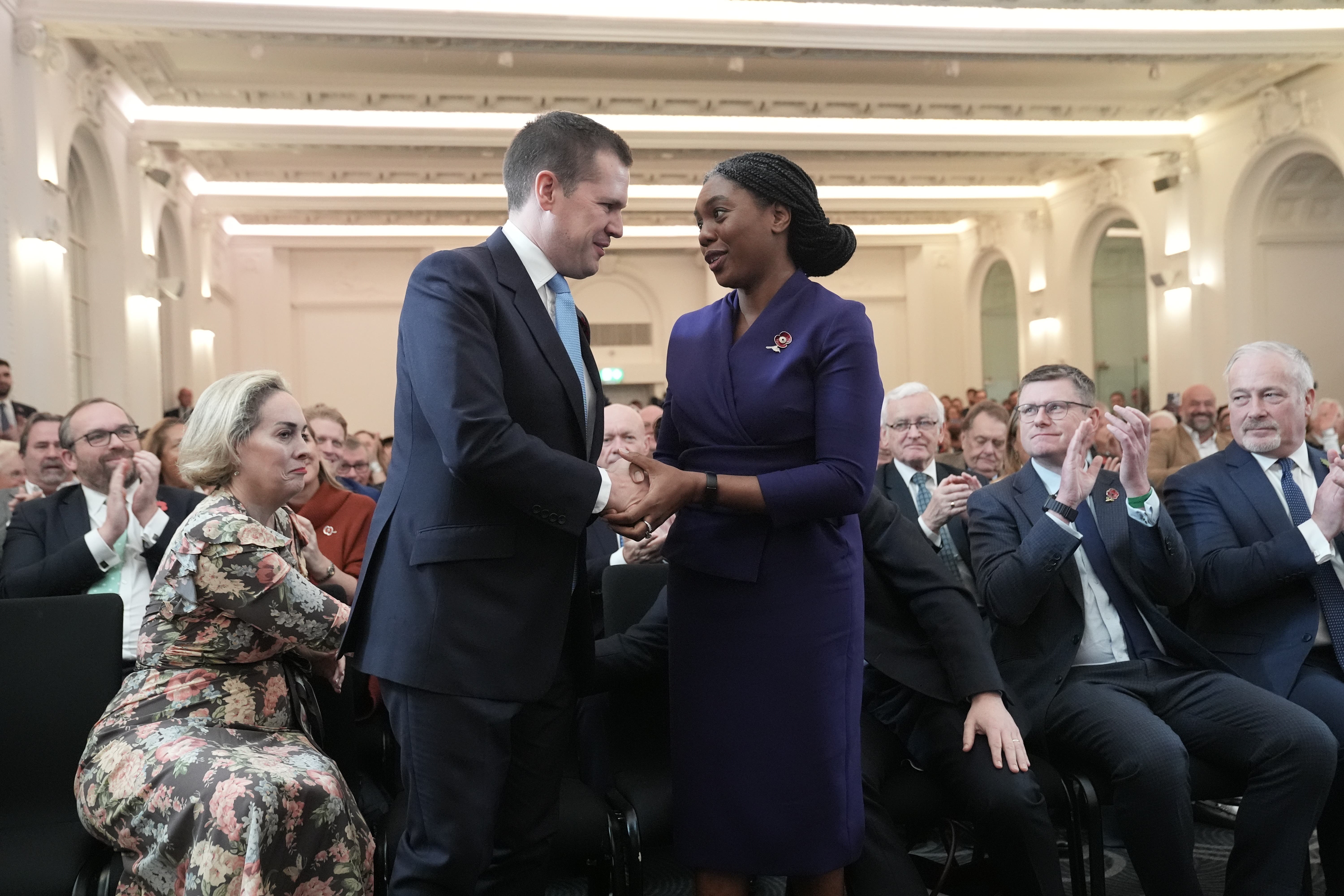 Kemi Badenoch is congratulated by Robert Jenrick after being announced as the new Conservative Party leader (Stefan Rousseau/PA)