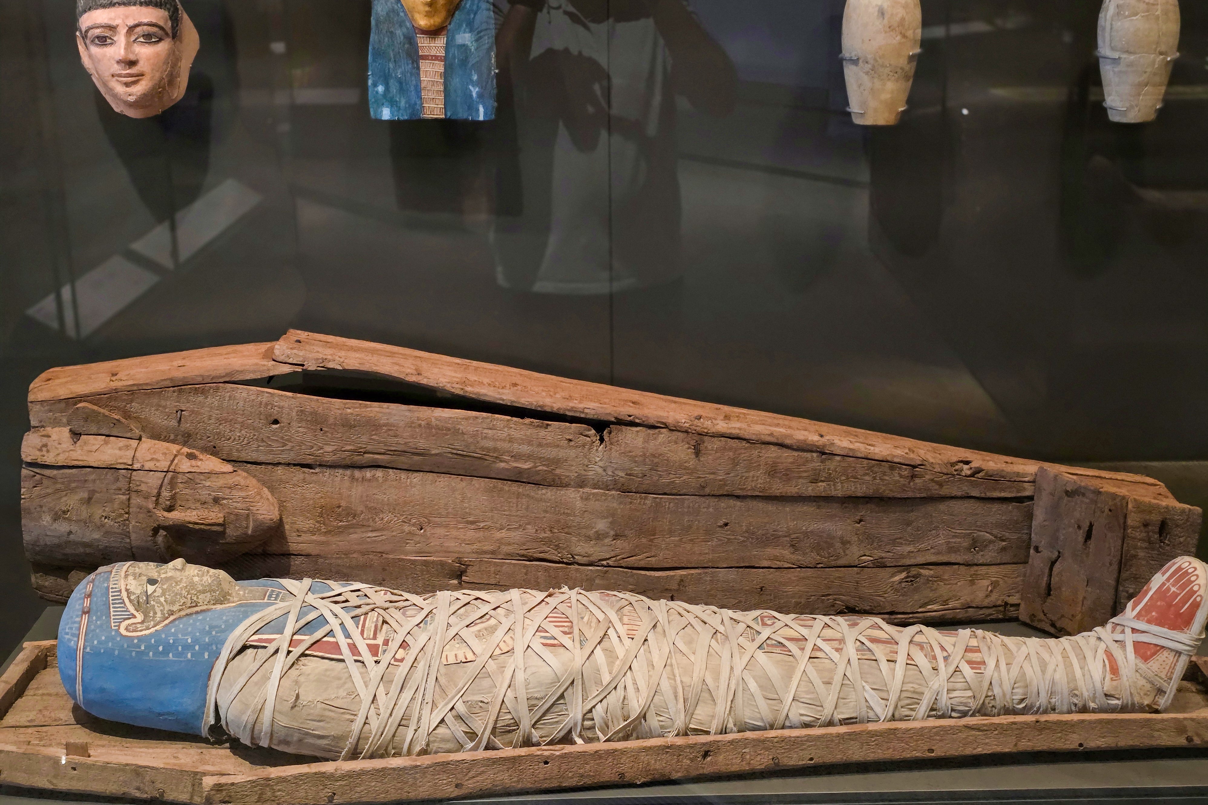 Pharaonic status displayed at the new halls of the Grand Staircase of the Grand Egyptian Museum