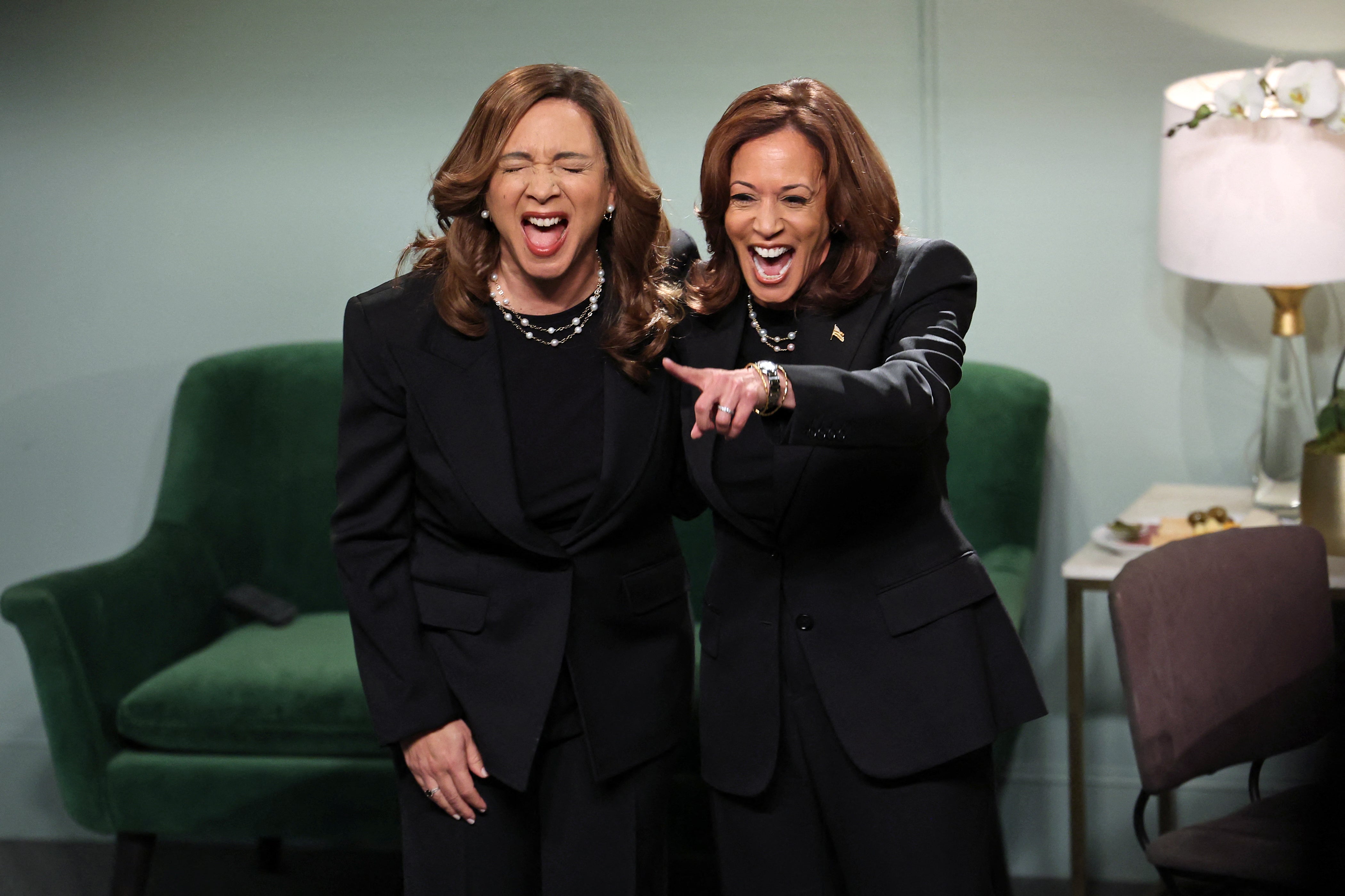 U.S. Vice President and Democratic presidential candidate Kamala Harris and U.S. actress Maya Rudolph attend the late night live sketch comedy show “Saturday Night Live” (SNL) at the NBC studios in New York on November 2, 2024 York City part