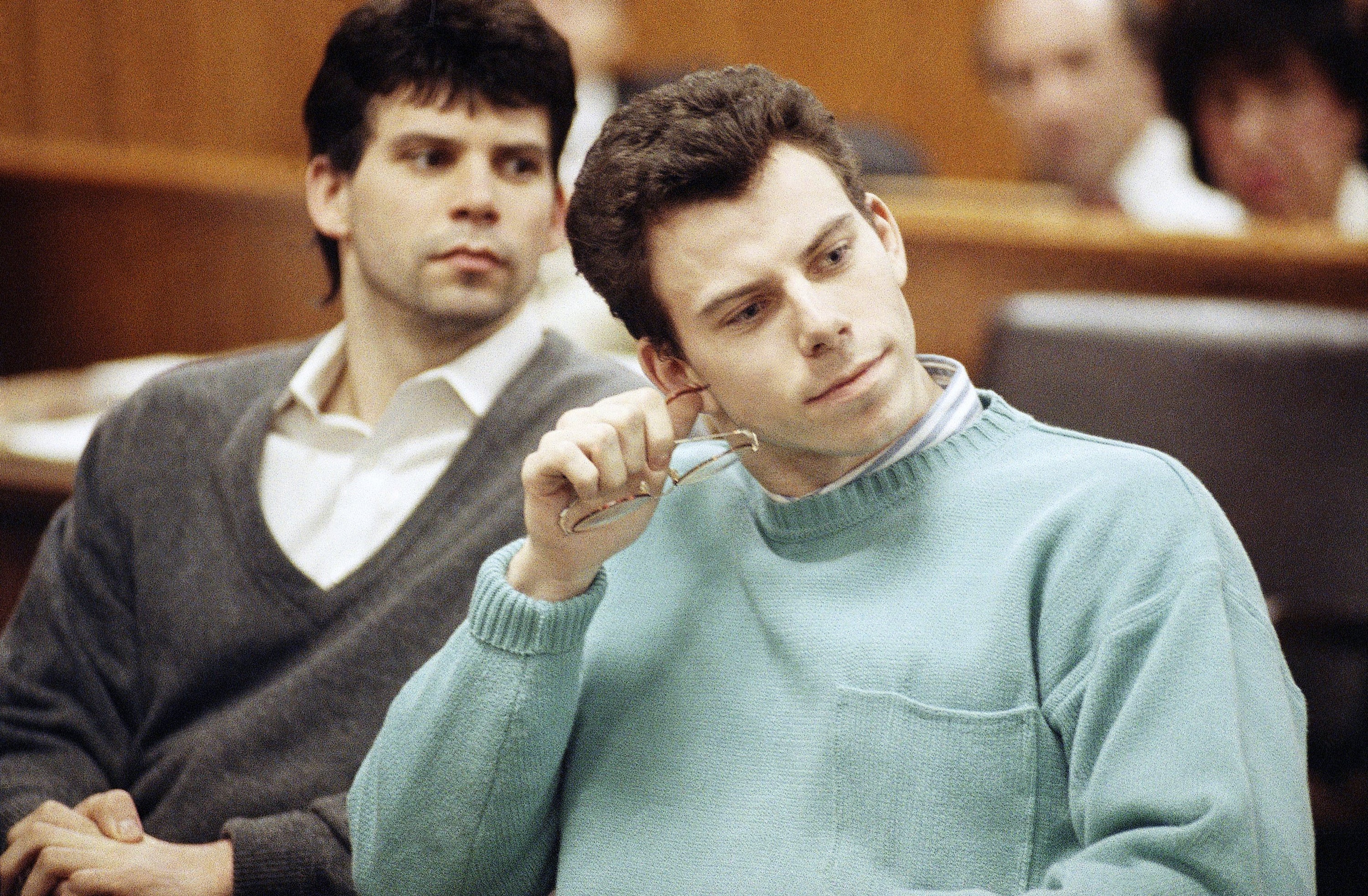 Lyle, left, and Erik Menendez in a preliminary hearing in Beverly Hills, California, on 1991