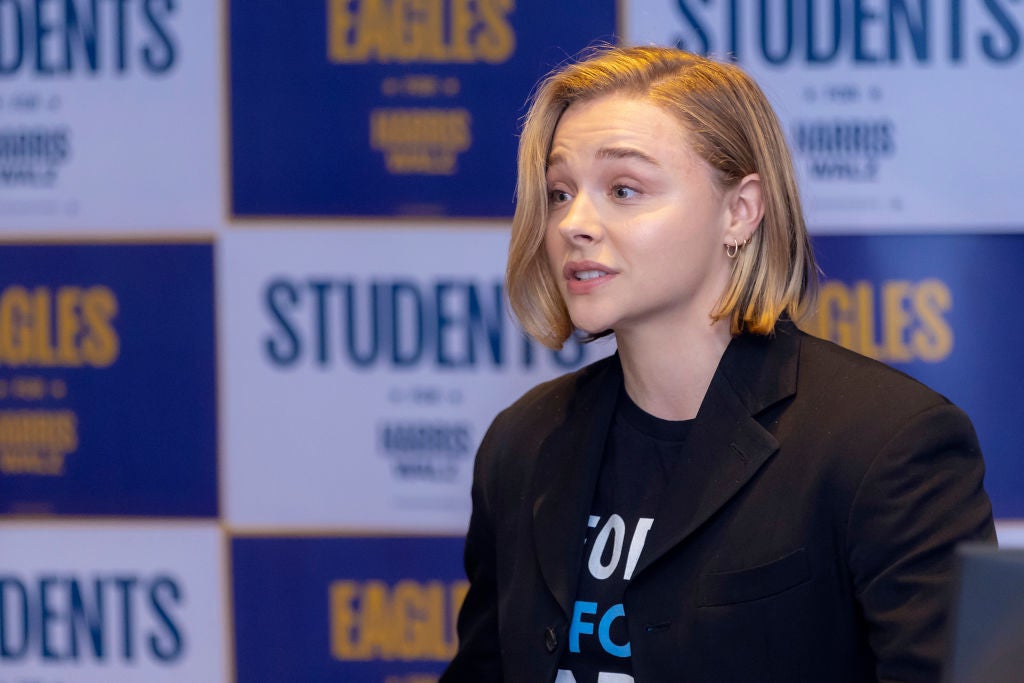 Chloe Grace Moretz speaks at Emory University on Oct. 4, 2024, to rally young voters for Harris-Walz