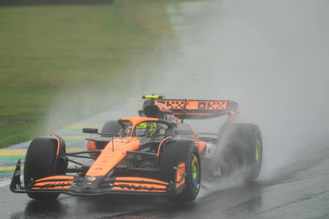 McLaren driver Lando Norris of Britain steers his car during the qualifying session ahead of the Brazilian Formula One Grand Prix at the Interlagos race track, in Sao Paulo, Brazil, Sunday, Nov. 3, 2024. (AP Photo/Andre Penner)