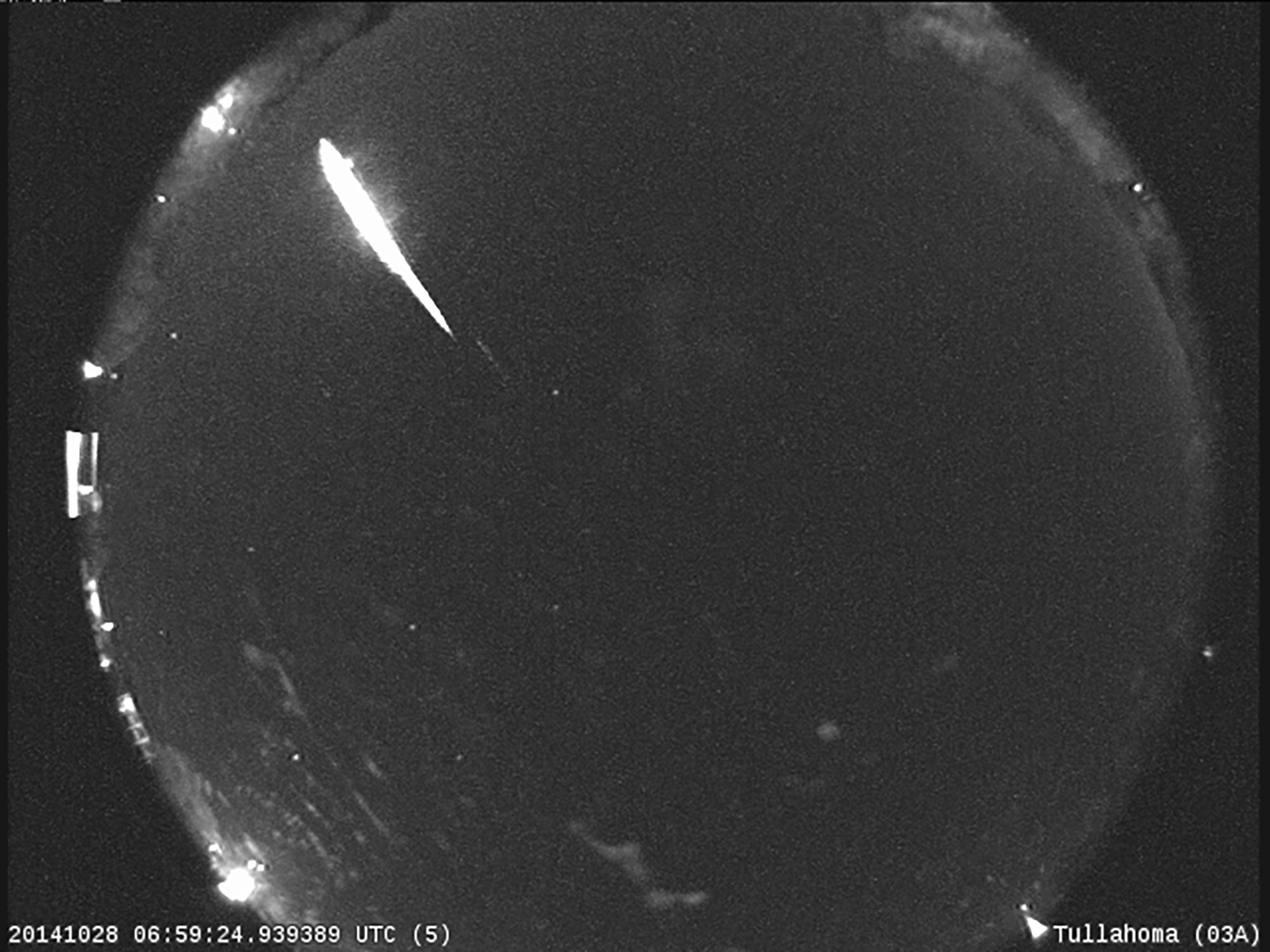 This 2014 image provided by Nasa shows a Taurid fireball recorded at the All Sky Fireball Network station