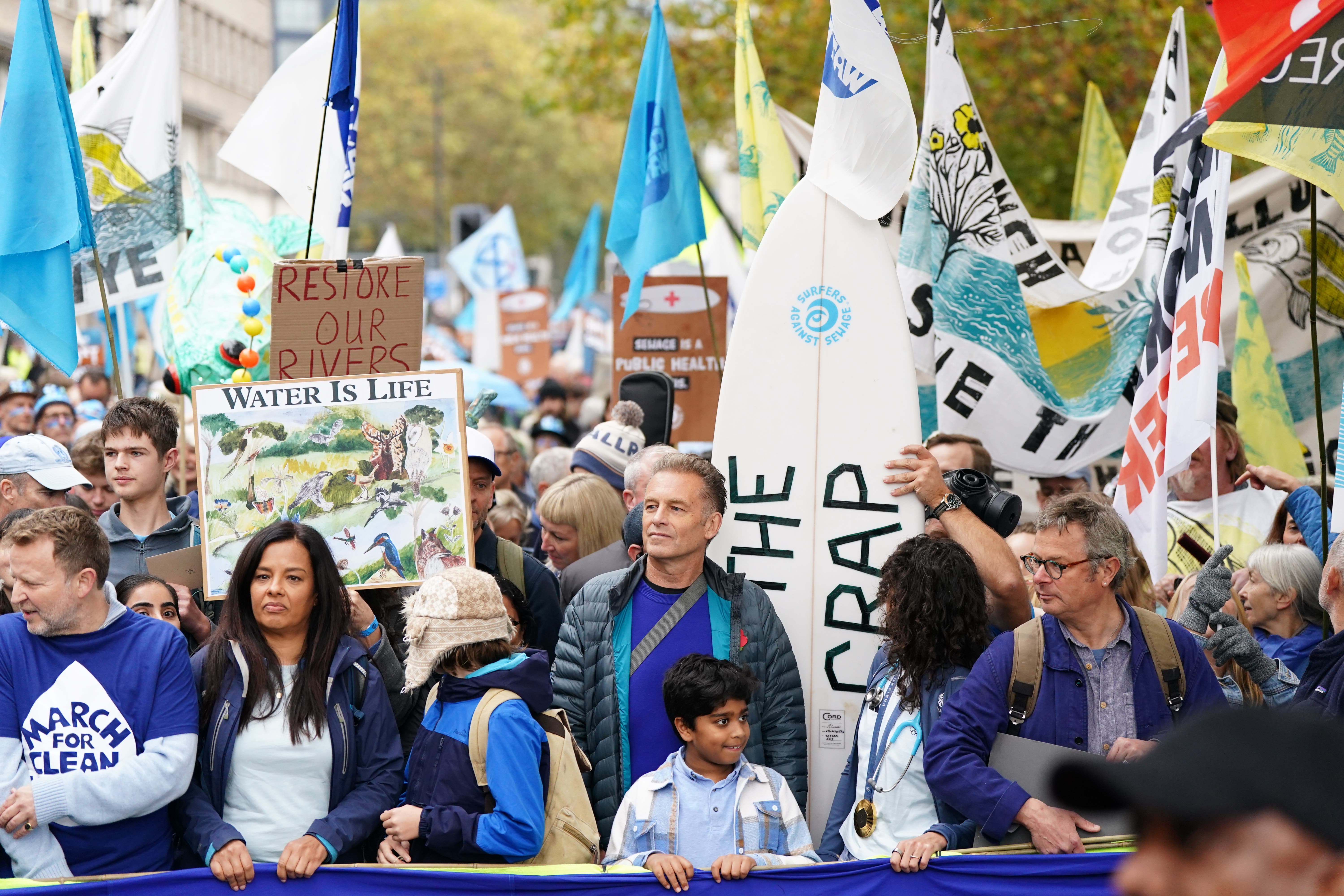 Chris Packham and Hugh Fearnley-Whittingstall joined thousands of protesters on the march in London (Ben Whitley/PA)