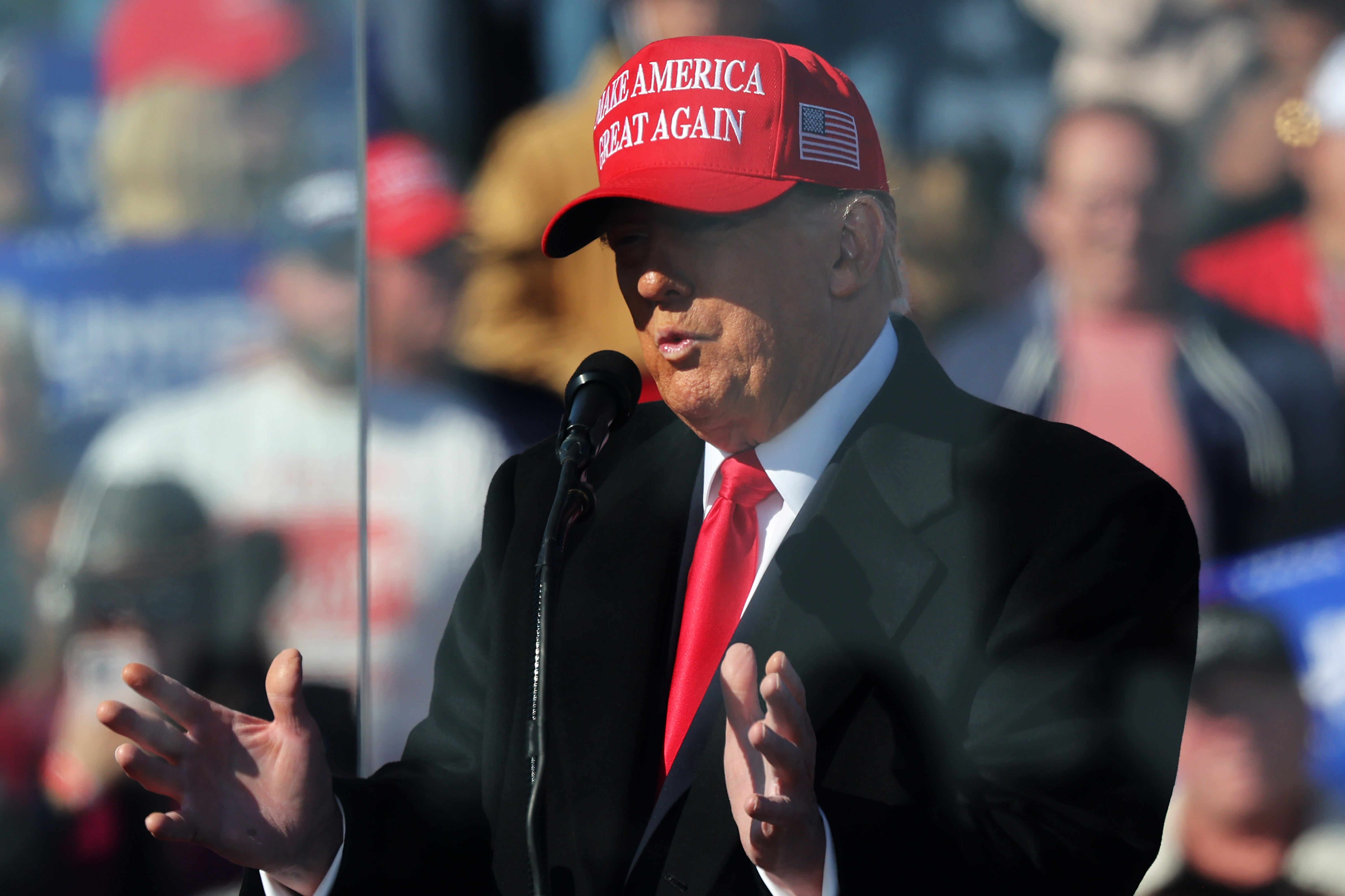 Trump speaks during a campaign rally at Lancaster Airport on November 03 in Lititz, Pennsylvania