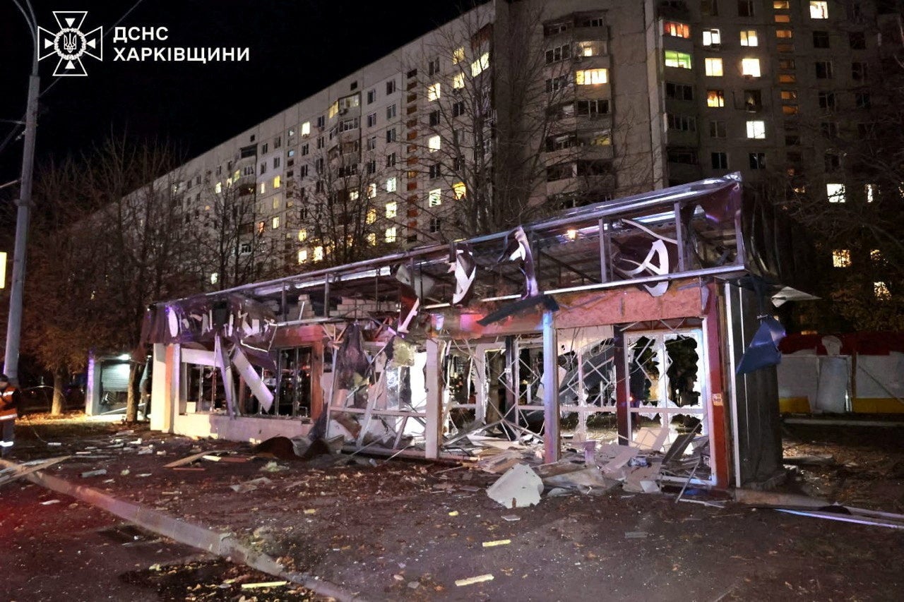 View of the damage after a Russian guided bomb hit a supermarket in Kharkiv's Shevchenkivskyi district