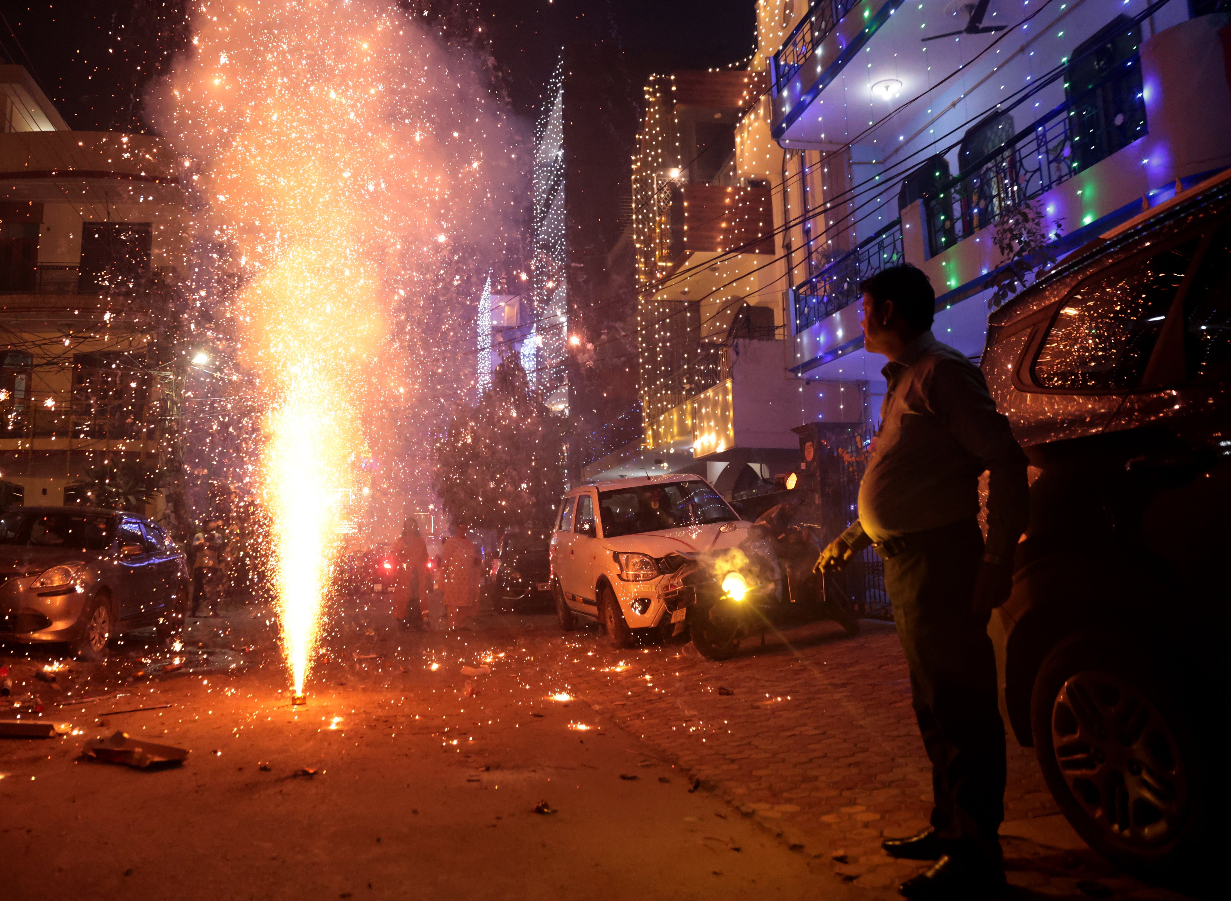 Representative: Locals light firecrackers on the occasion of Diwali, the Hindu festival of lights, in the outskirts of Delhi on 31 October 2024