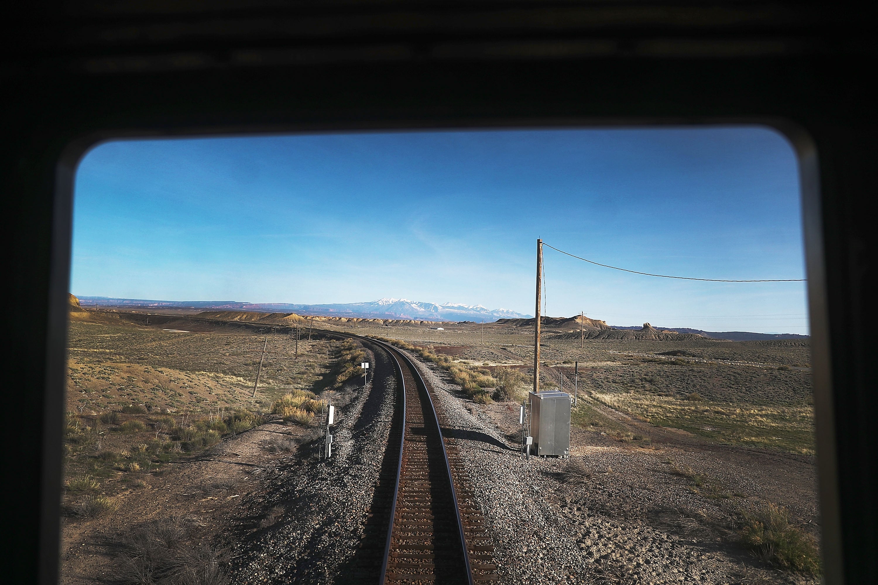 Amtrak's California Zephyr rolls along the tracks during its daily 2,438-mile trip to Emeryville/San Francisco from Chicago that takes roughly 52 hours on March 24, 2017 in Green River, United States