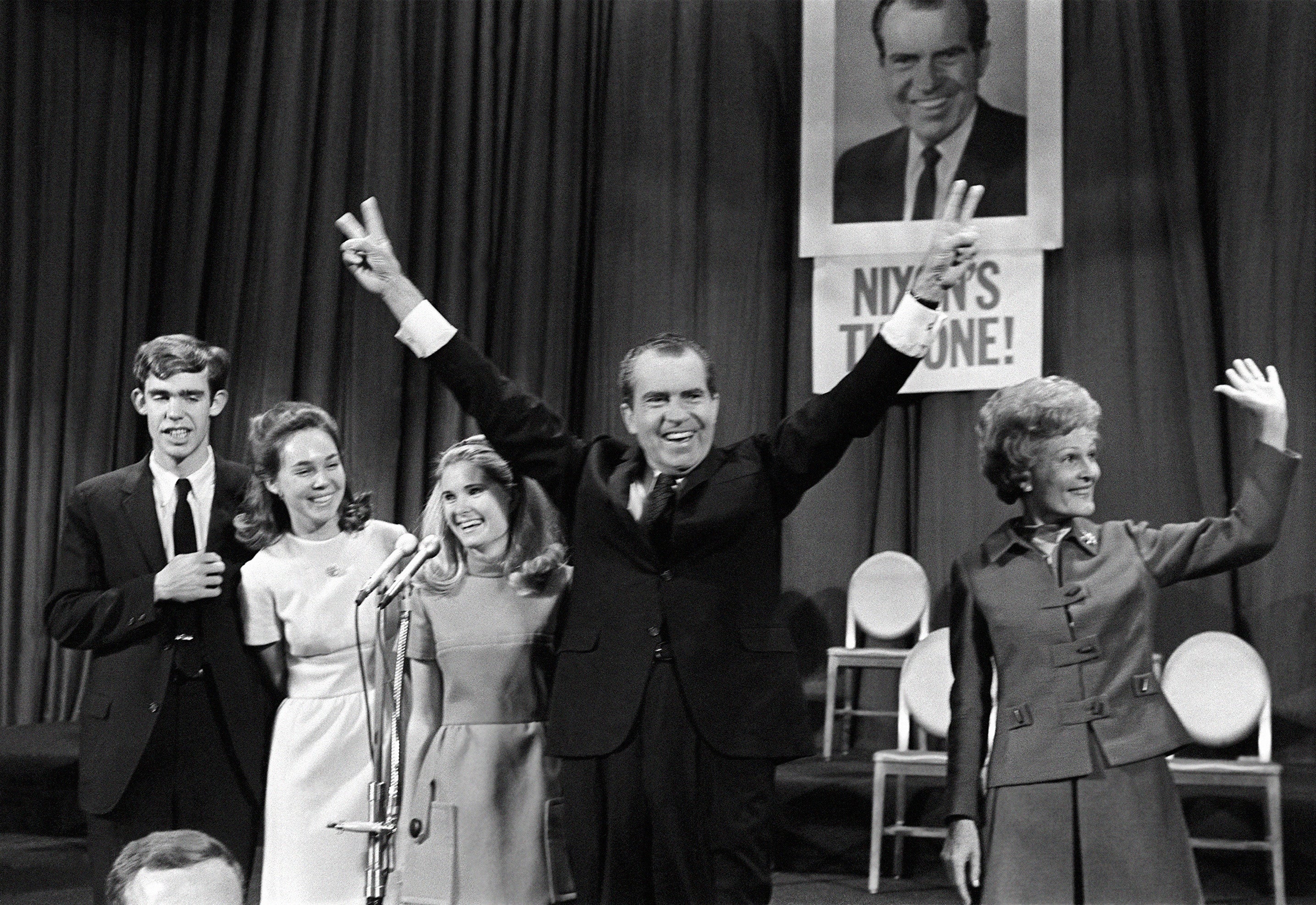 Richard Nixon smiles after the results of the 1968 election are revealed