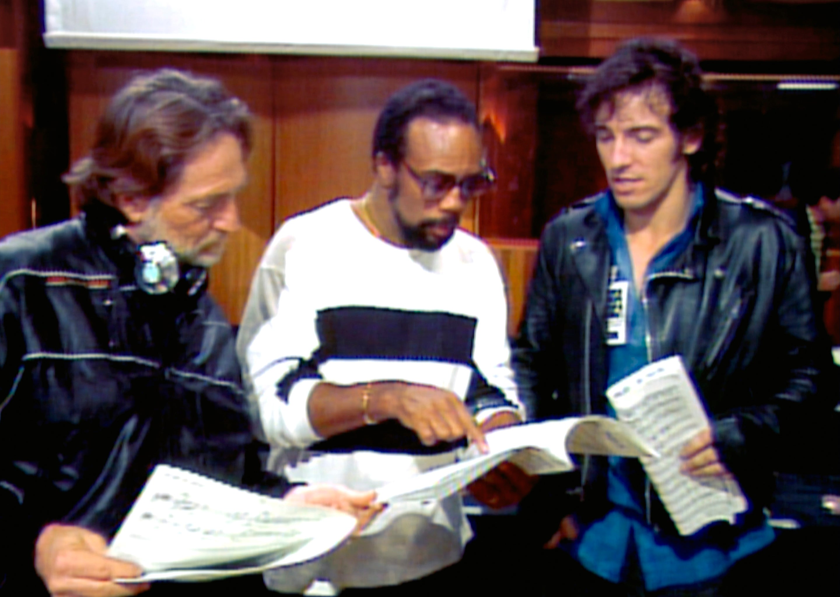 Quincy Jones with Willie Nelson and Bruce Springsteen at the recording session for ‘We Are the World’