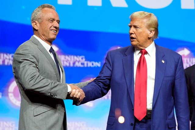 <p>Then-Republican presidential nominee Donald Trump shakes hands with Robert F. Kennedy Jr. during a rally in Duluth, Georgia, last October. Kennedy said previously that he would ‘advise all U.S. water systems to remove fluoride from public water’ if he is confirmed to lead the nation’s top health department </p>