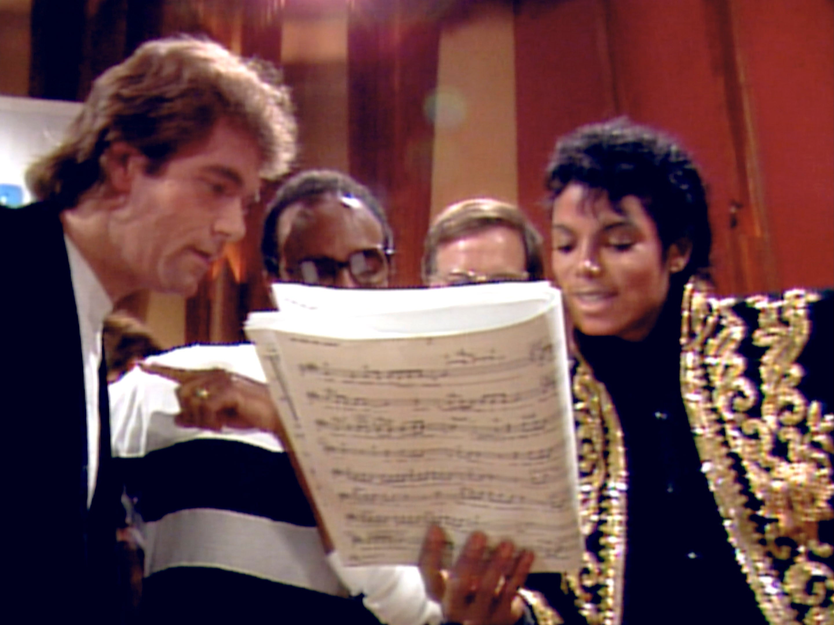 From left: Huey Lewis, Quincy Jones, and Michael Jackson, right, in a scene from ‘The Greatest Night in Pop’