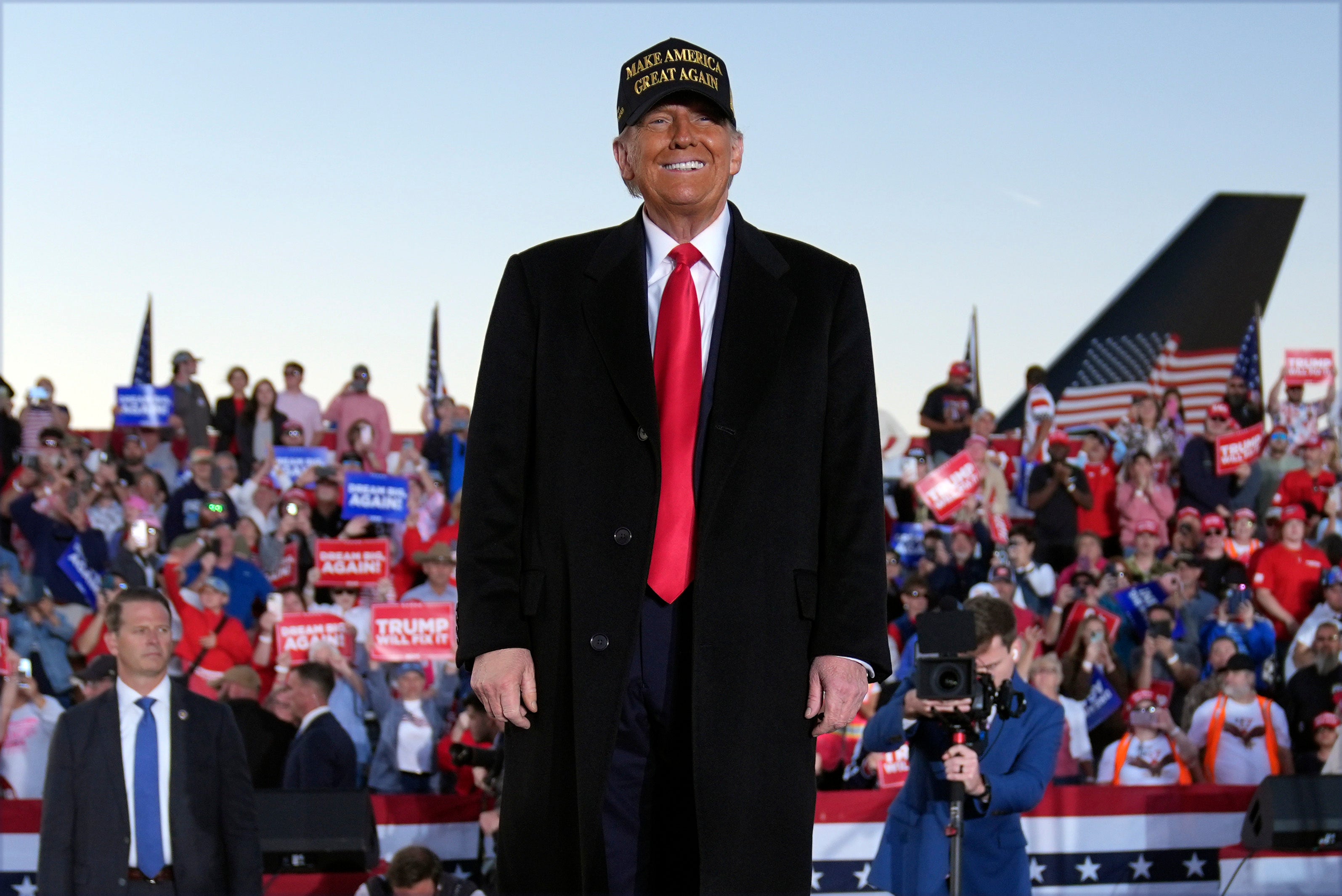 Donald Trump appears at a Kinston, North Carolina rally on Sunday. There, the former president appeared to forget where he was, praising a Pennsylvania senate candidate as ‘one of the best of all right here’