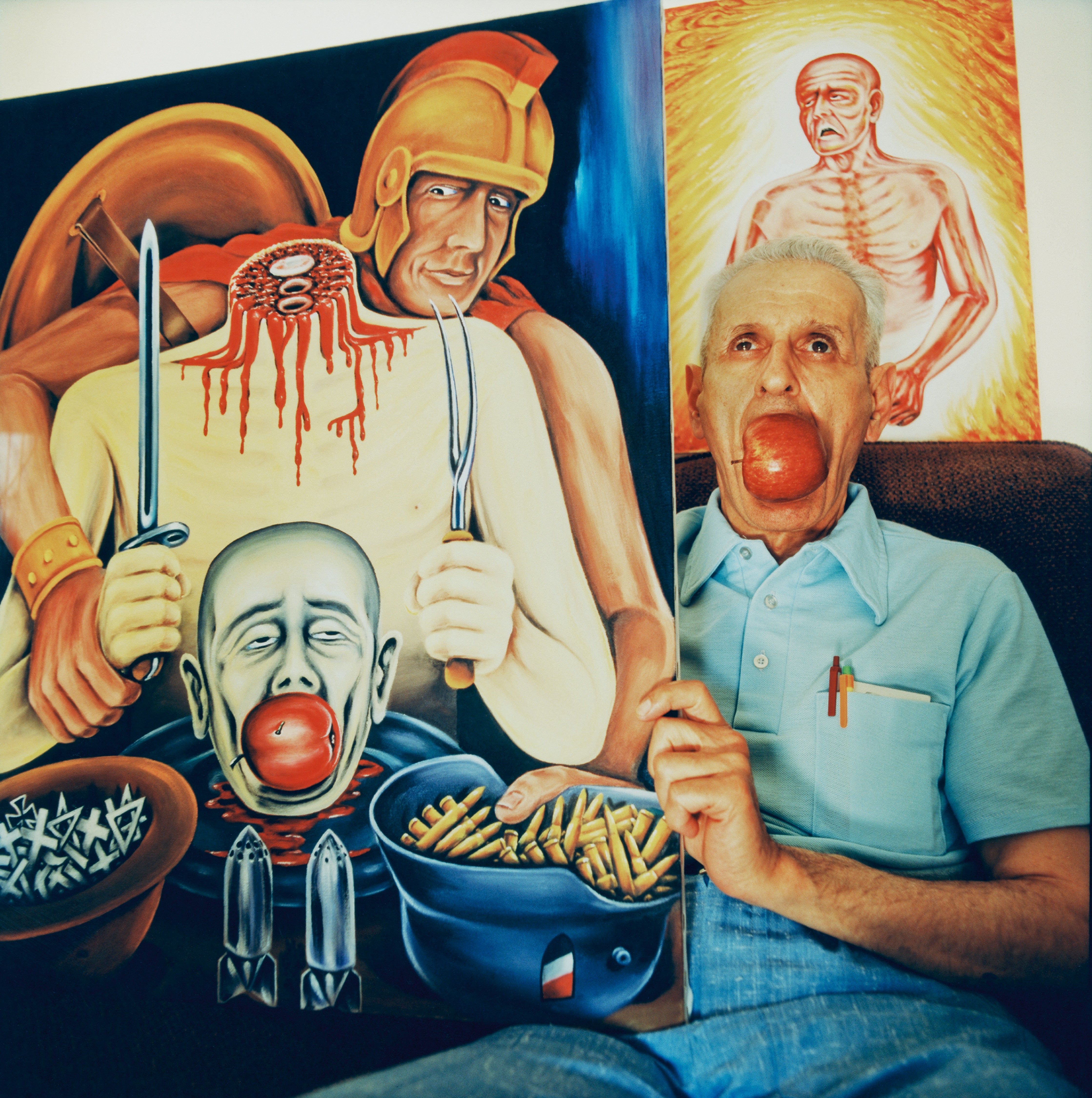 ‘Doctor Death’ Jack Kevorkian pictured with some of his paintings in 1994