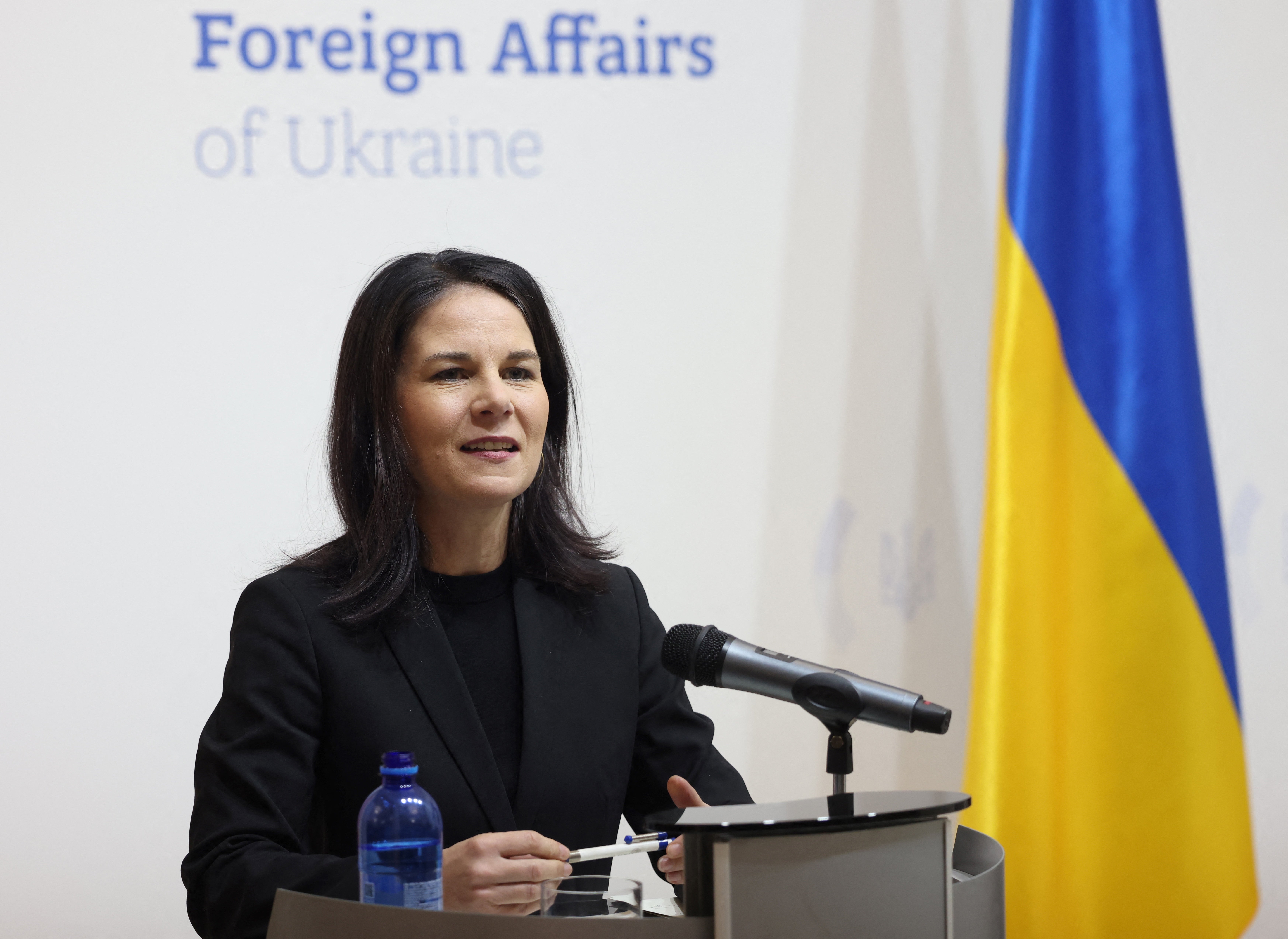 Annalena Baerbock speaks during a joint news conference with Ukrainian foreign minister in Kyiv