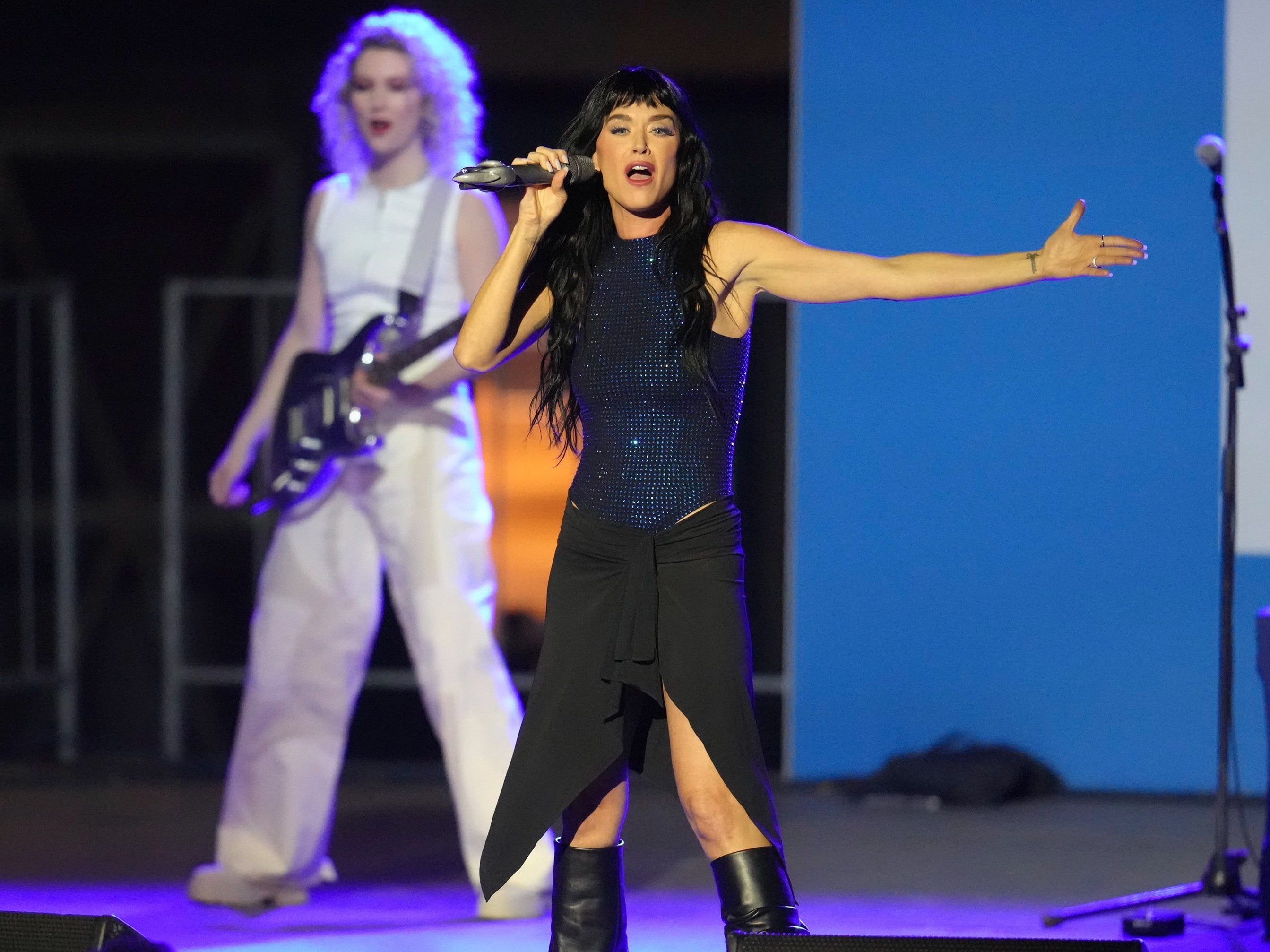 Katy Perry performs after an appearance by Harris at a campaign rally at the Carrie Blast Furnaces in Pittsburgh