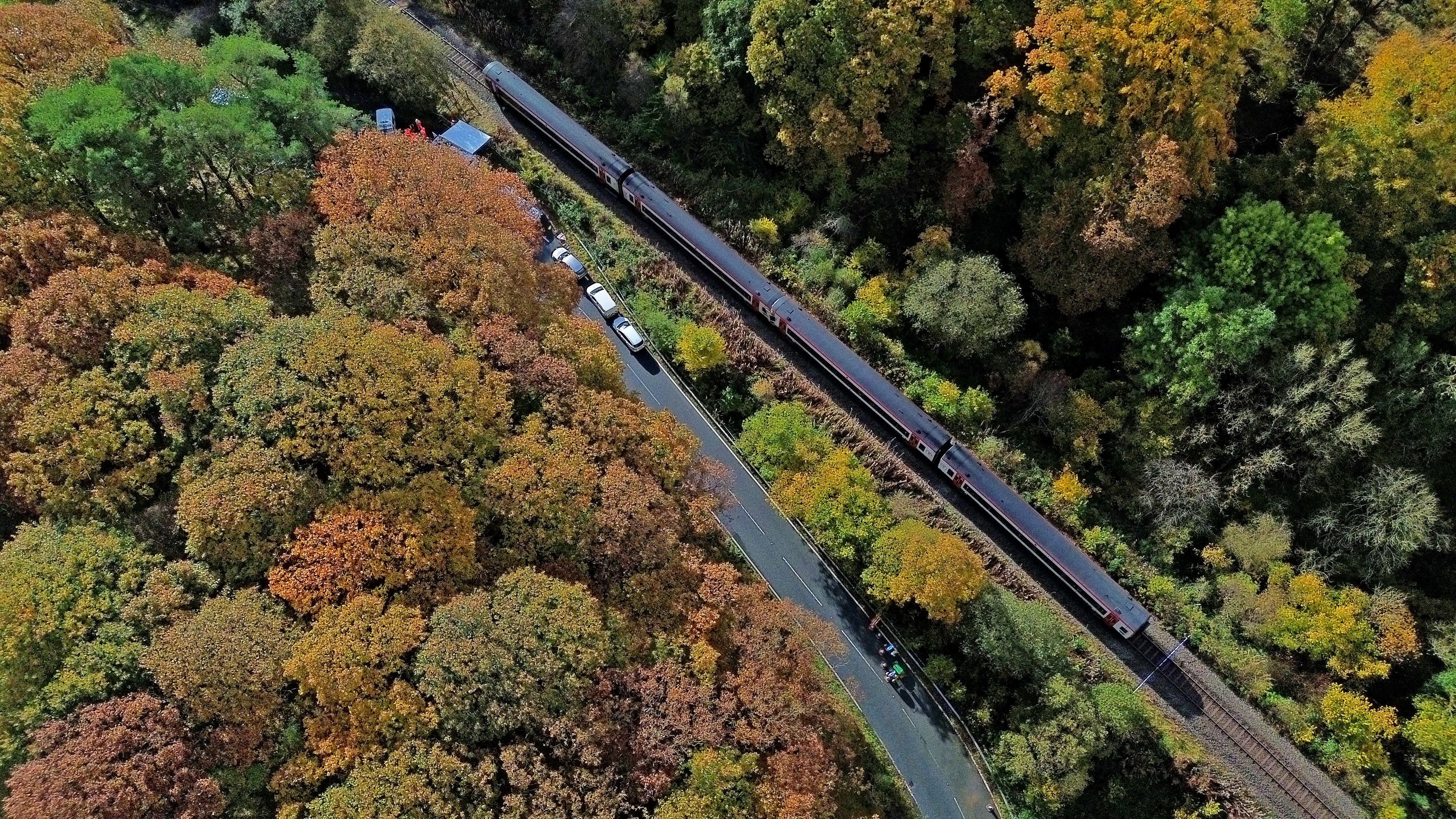 An aerial view of the scene after two trains collided in mid-Wales inb 21 October