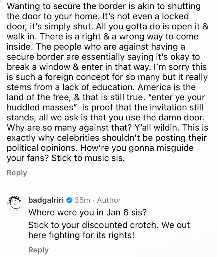 Rihanna responds to a Trump supporter on Instagram