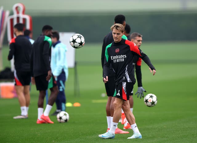 <p>Odegaard trains before Arsenal face Inter in the Champions League </p>