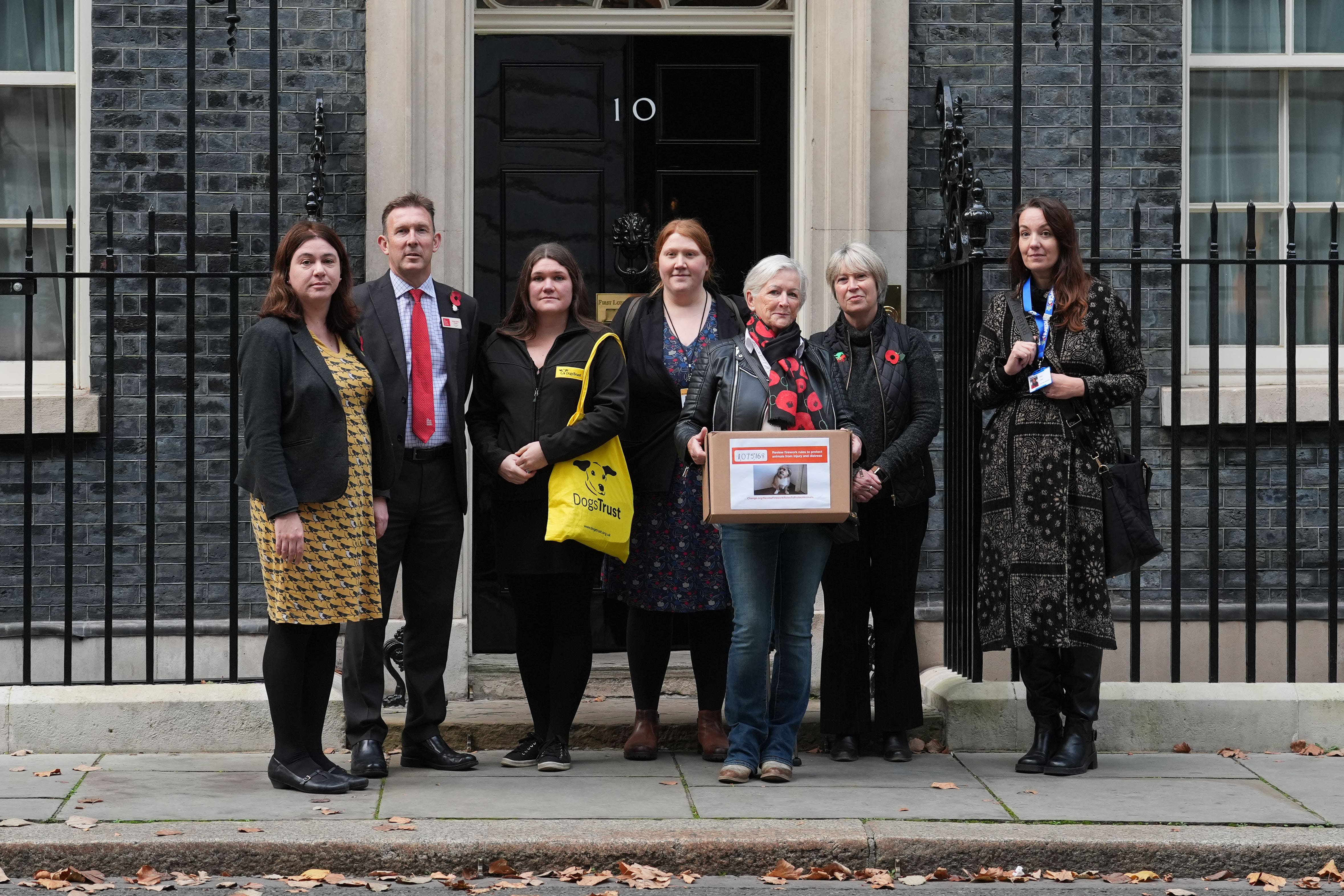 Campaigner Julie Doorne, third from right, delivers a petition to 10 Downing Street calling for a review of firework regulations (Lucy North/PA)