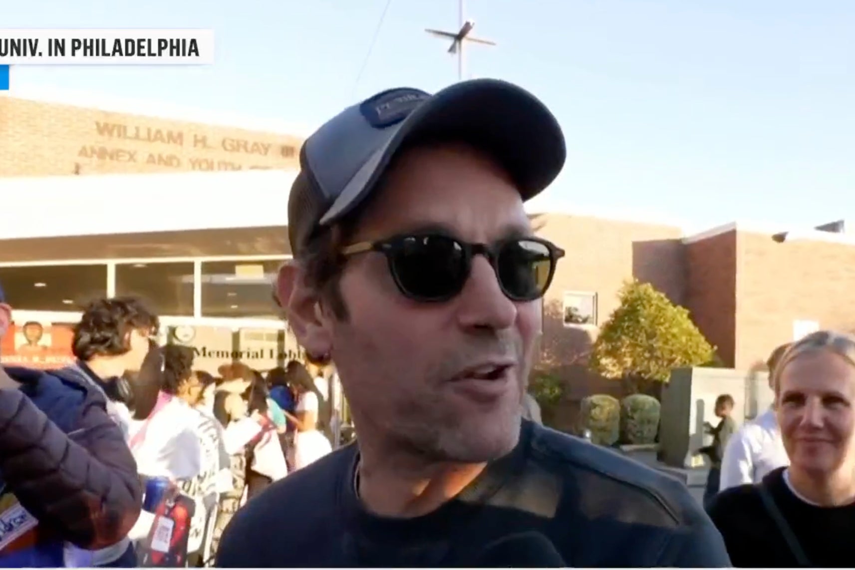 Paul Rudd speaking to MSNBC at Philadelphia’s Temple University