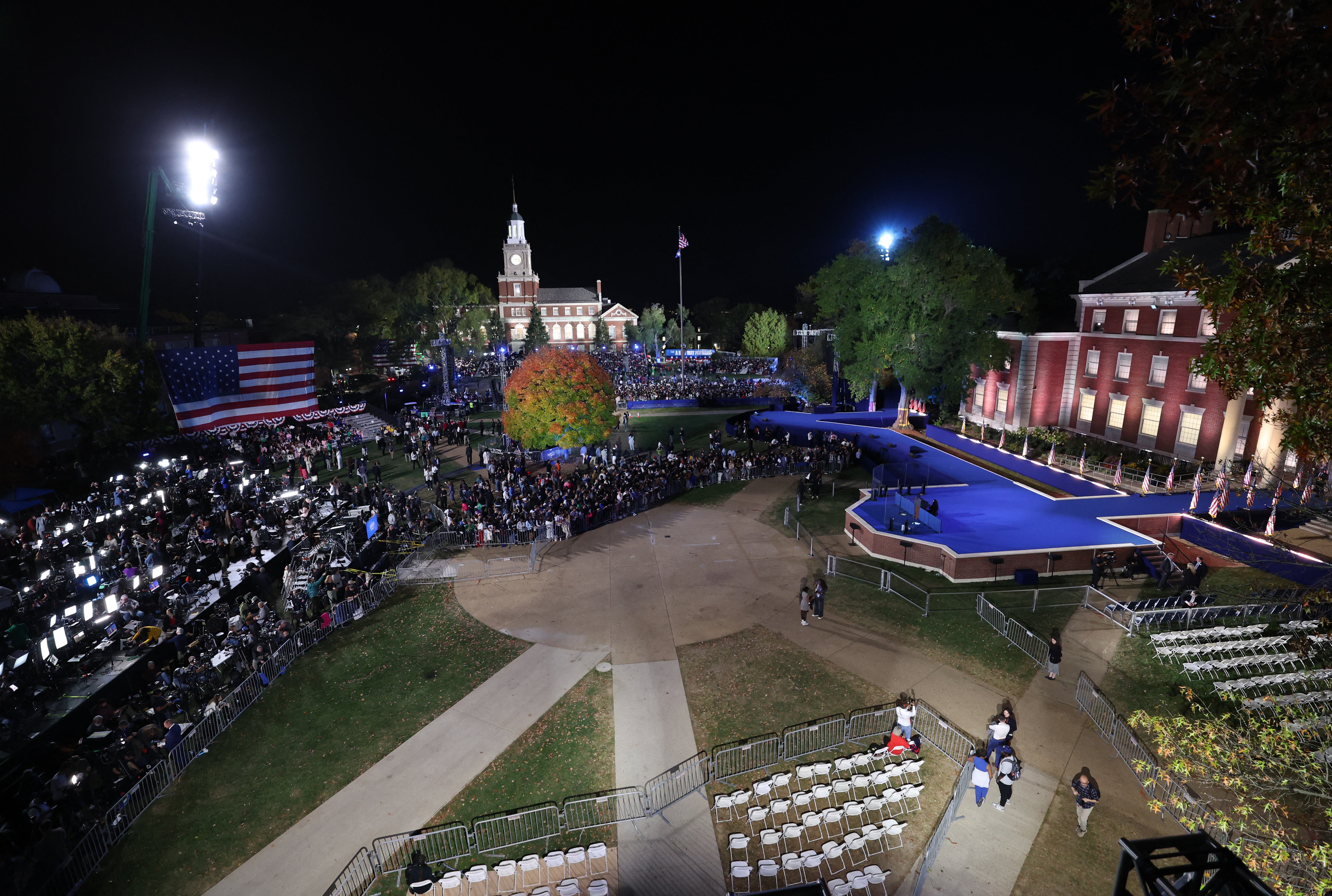 Preparations are carried out at the event held by US Democratic presidential nominee Kamala Harris during Election Night, at Howard University, in Washington, DC.