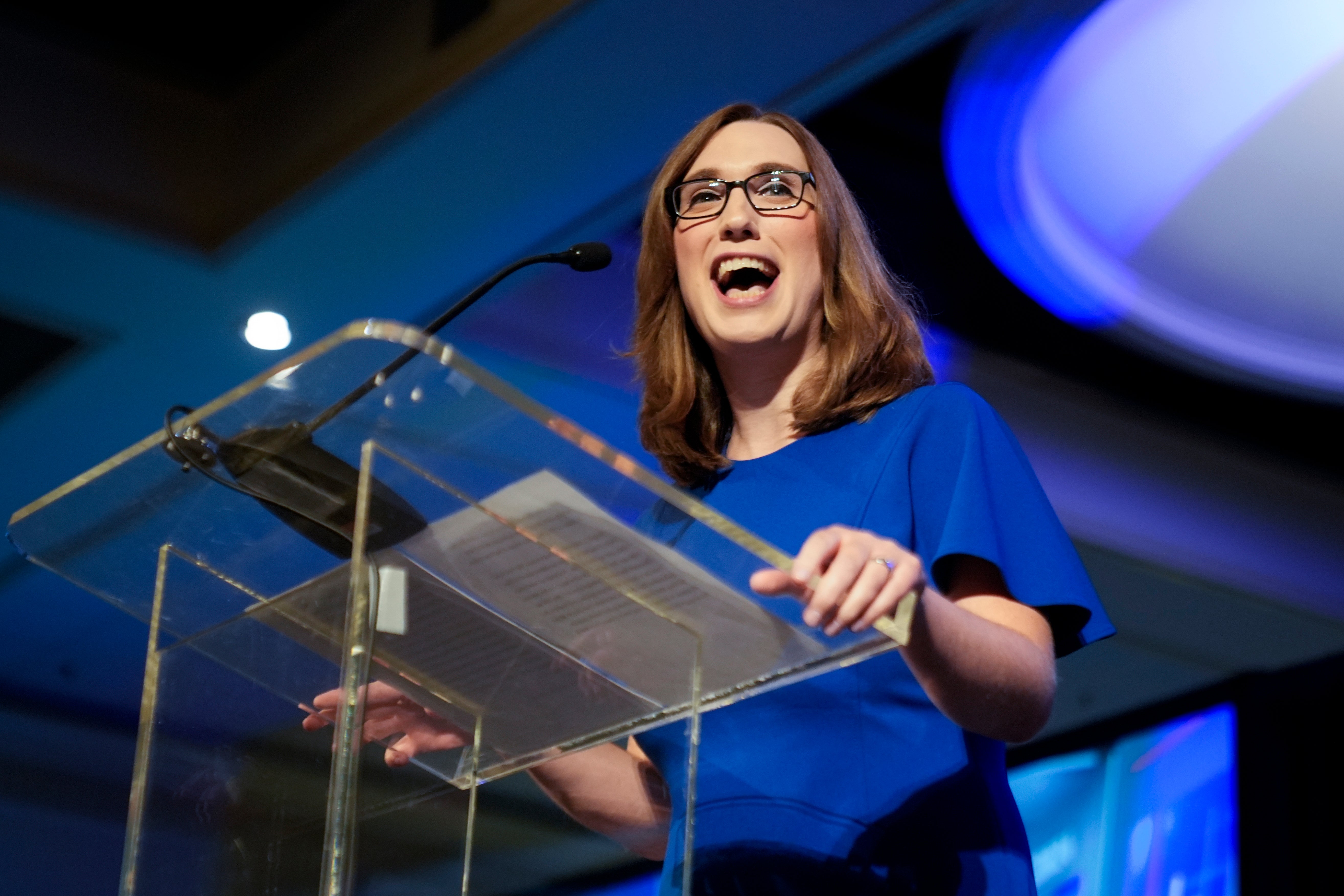 Sarah McBride, Democratic candidate for Delaware’s at-large congressional district, speaks during an election night watch party