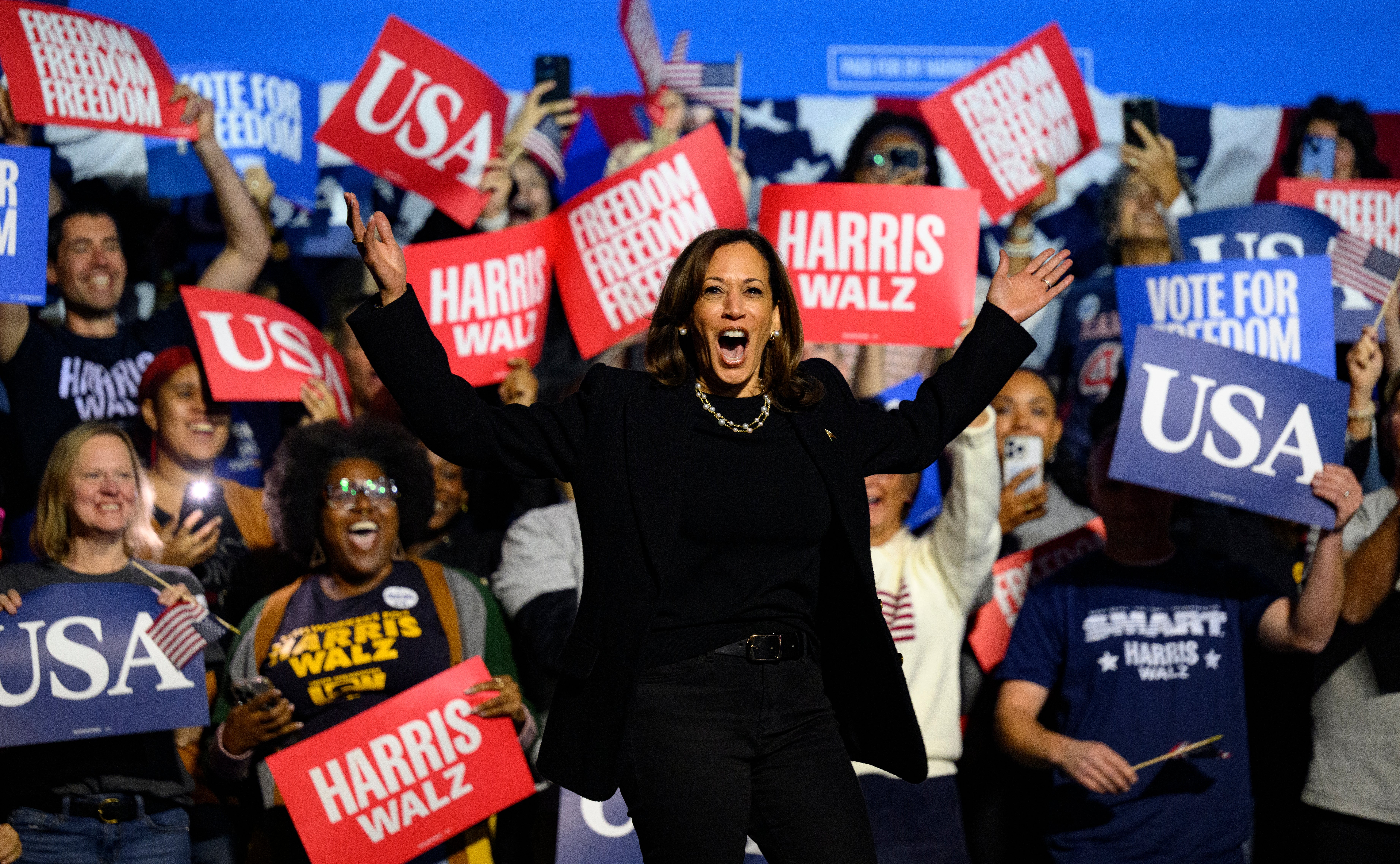 Democratic presidential nominee, U.S. Vice President Kamala Harris arrives for a campaign rally at the Carrie Furnace on November 04, 2024 in Pittsburgh, Pennsylvania.