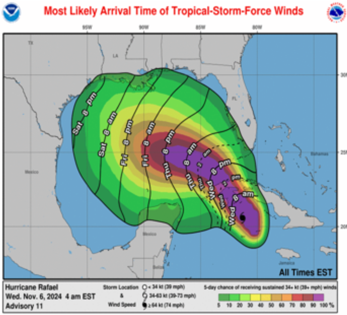 A map shows the most likely arrival times of tropical storm-force winds from Rafael. The hurricane strengthened on Wednesday as it moved toward Cuba. The storm will enter the Gulf of Mexico Wednesday night.