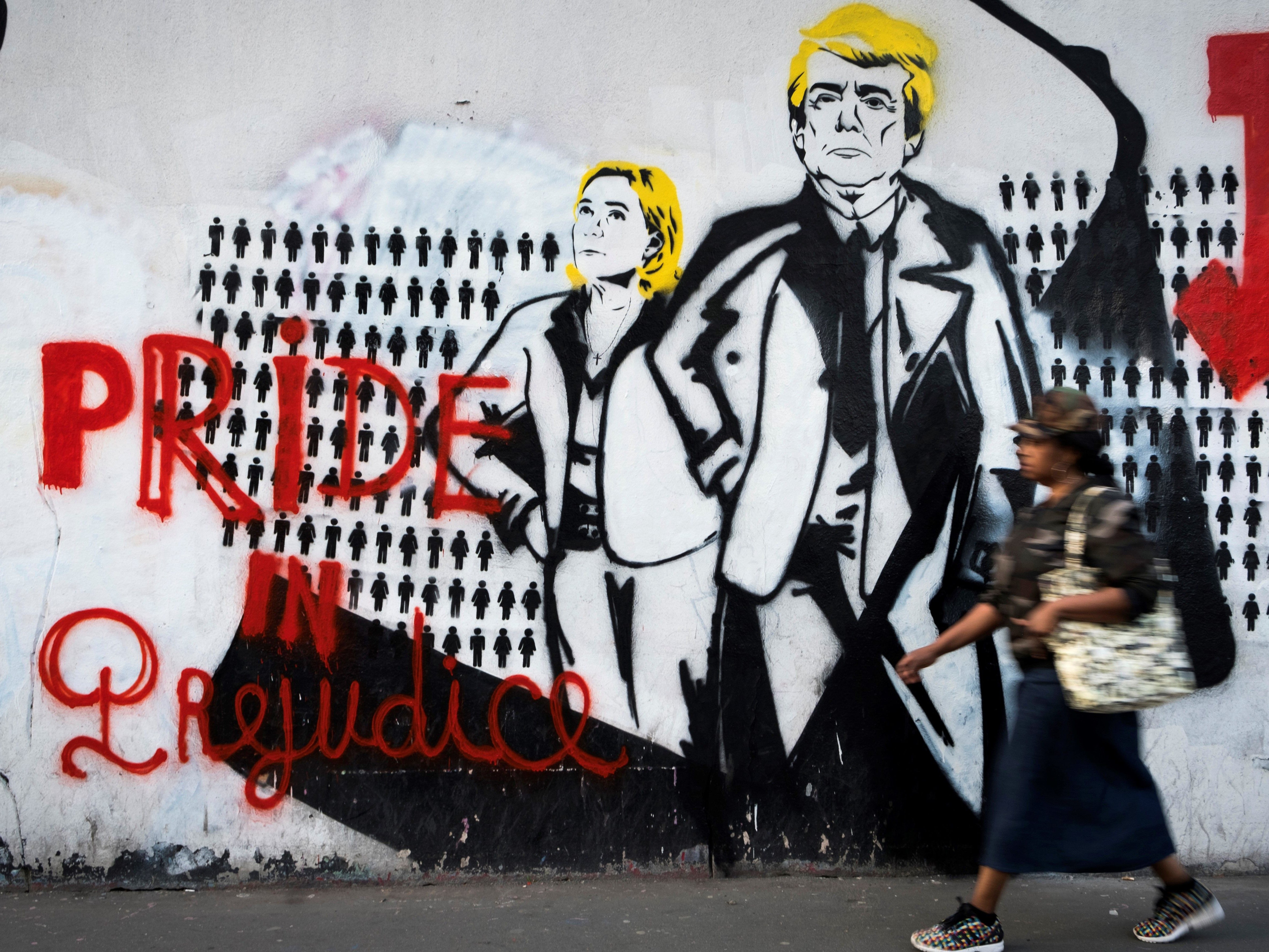 Graffiti of Marine Le Pen and Trump on a wall in Paris