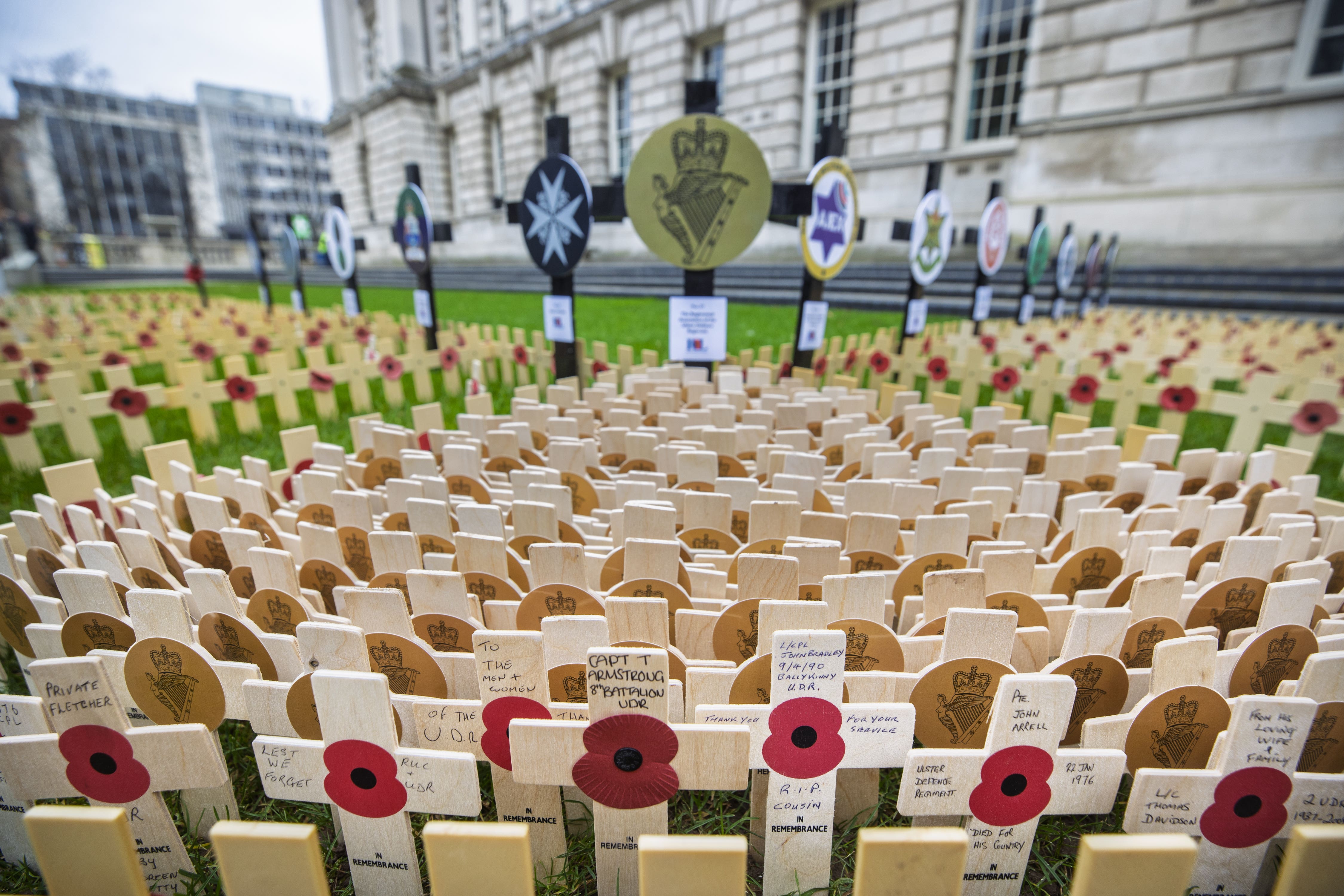 Tributes to members of the Ulster Defence Regiment at the opening of the field of remembrance at Belfast City Hall, ahead of Armistice Day commemorations (Liam McBurney/PA)