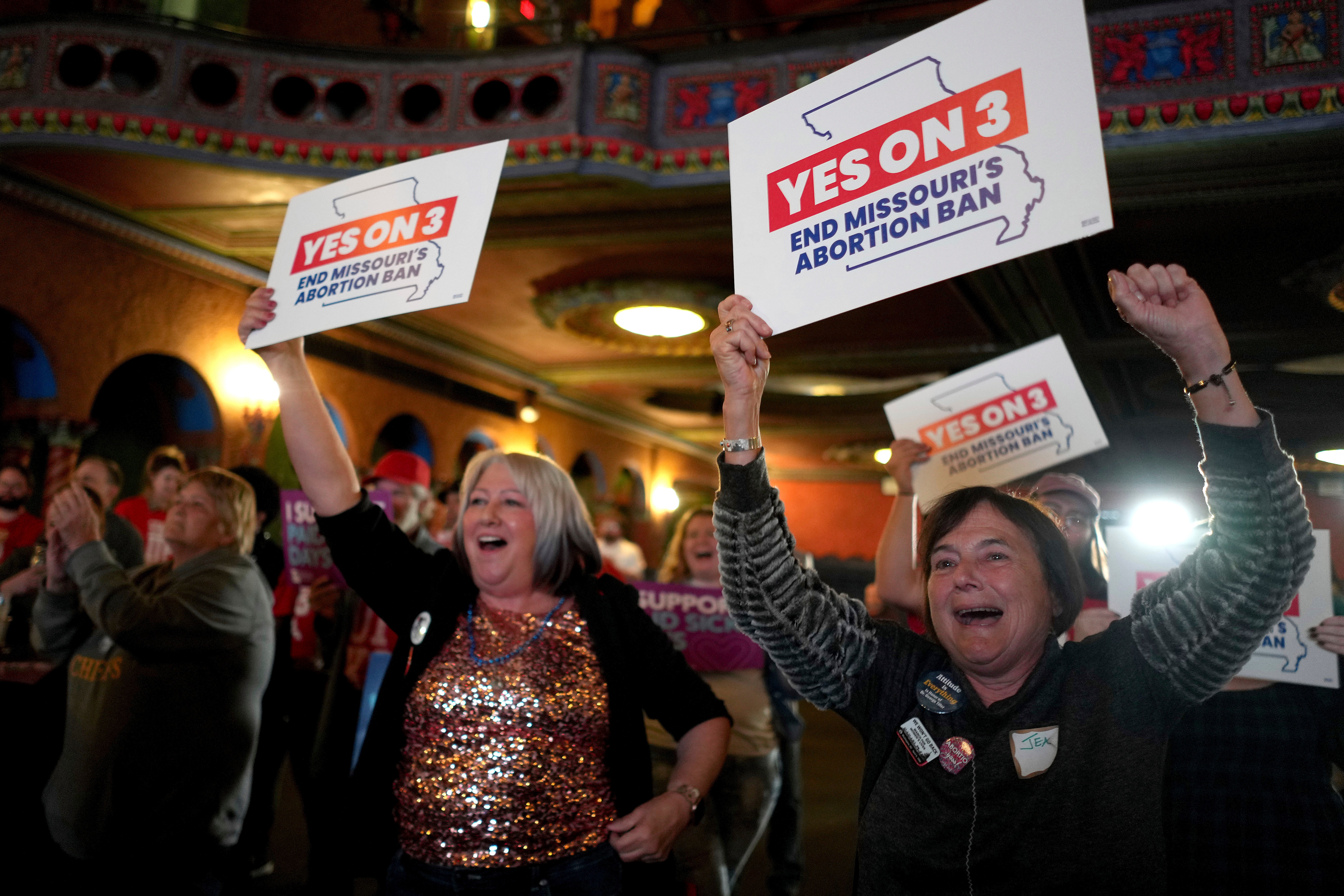 Women inside an election night watch party celebrated the passage of an abortion rights amendment to the Missouri constitution on November 5.