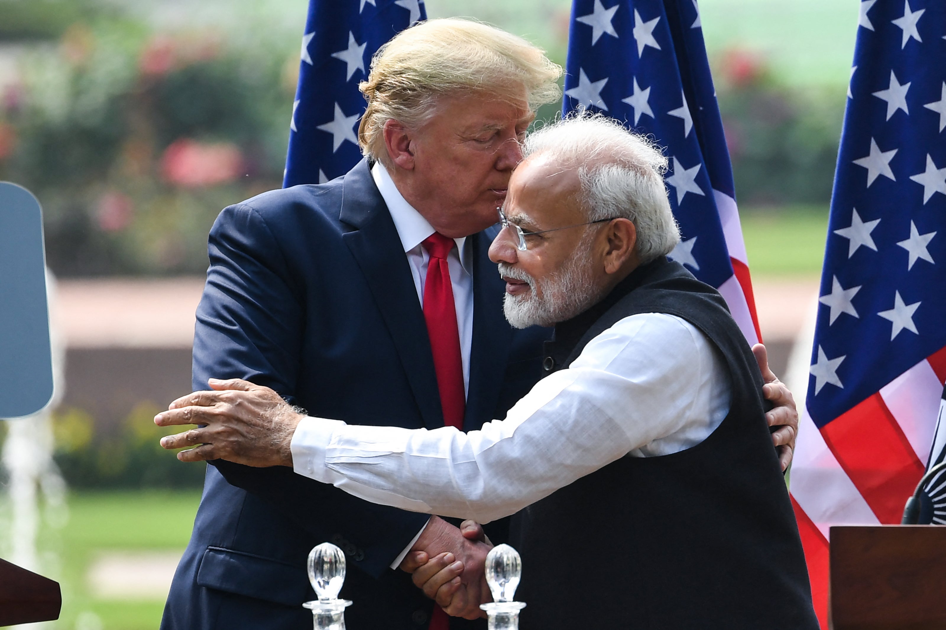 File: US president Donald Trump (left) shakes hands with India’s prime minister Narendra Modi during a joint press conference at Hyderabad House in New Delhi in 2020