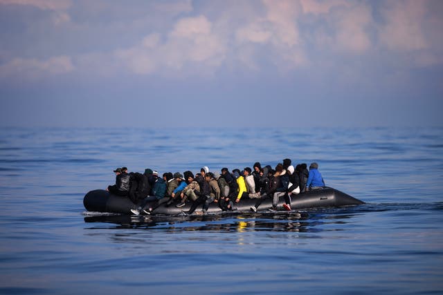 <p>An inflatable dinghy carrying around 65 migrants crosses the English Channel on 6 March 2024 in Dover, England</p>