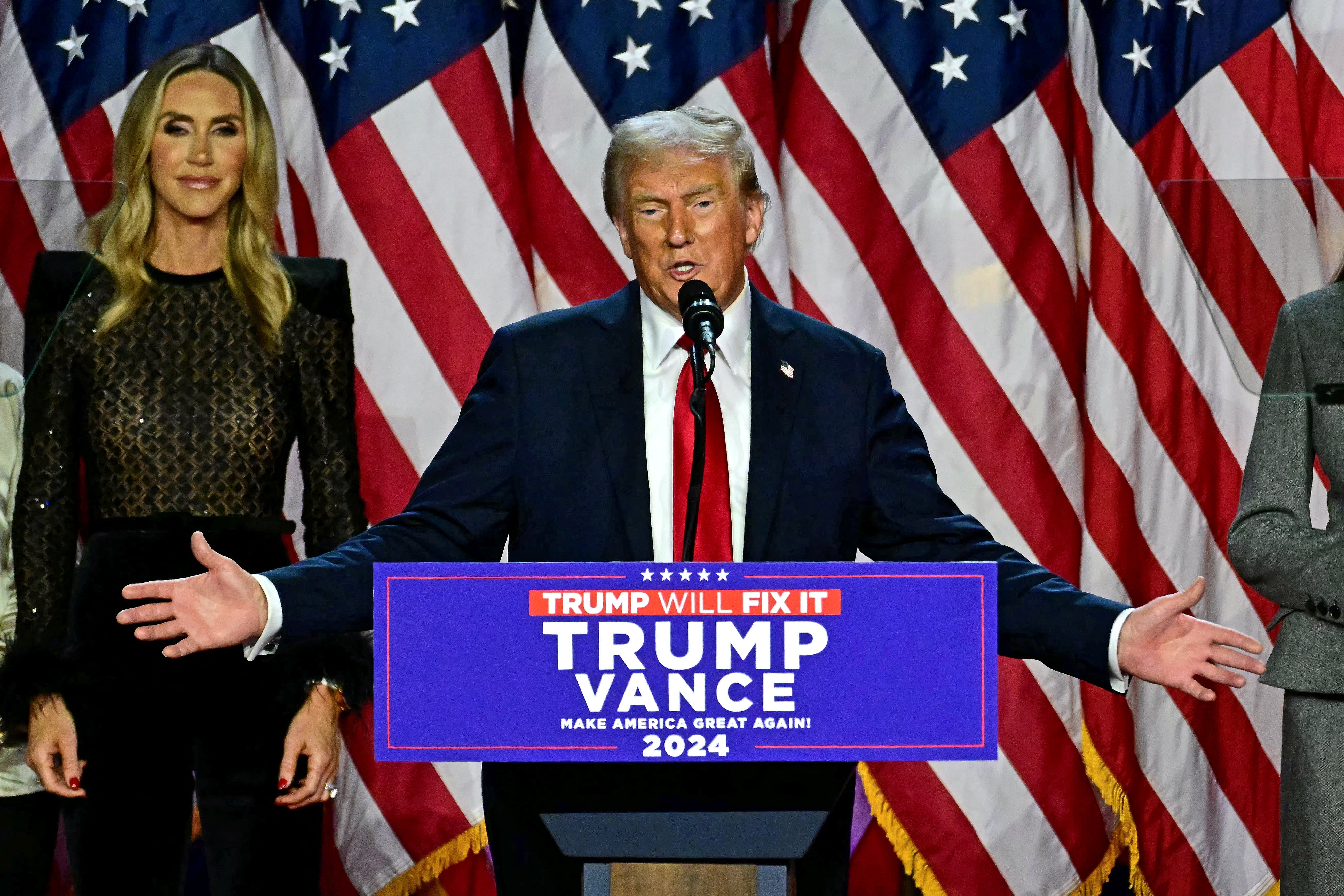 Donald Trump speaks during an election night event at the West Palm Beach Convention Center in West Palm Beach, Florida