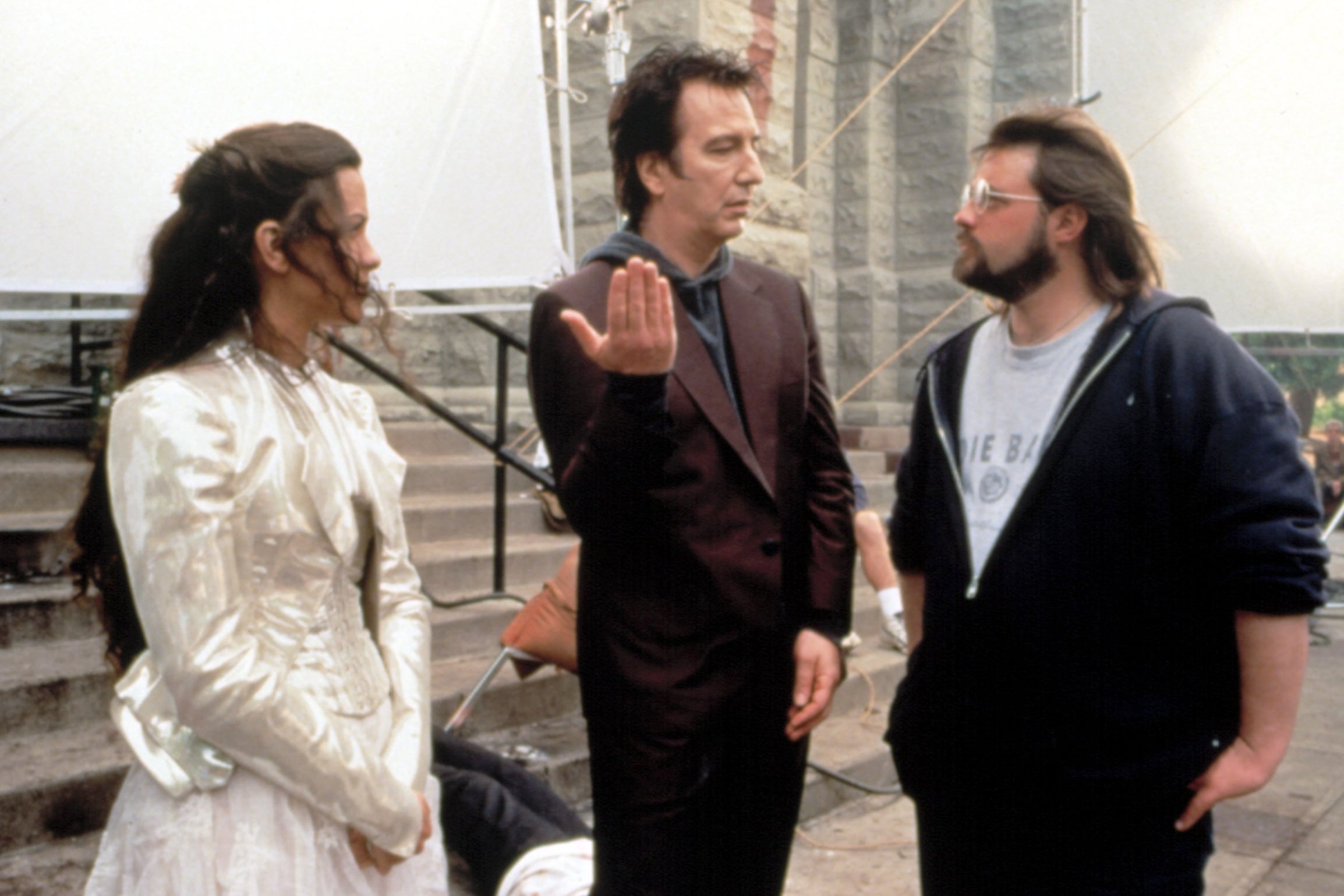 Sacred ground: Kevin Smith directs Alan Rickman and Alanis Morissette – playing God – on the set of ‘Dogma’