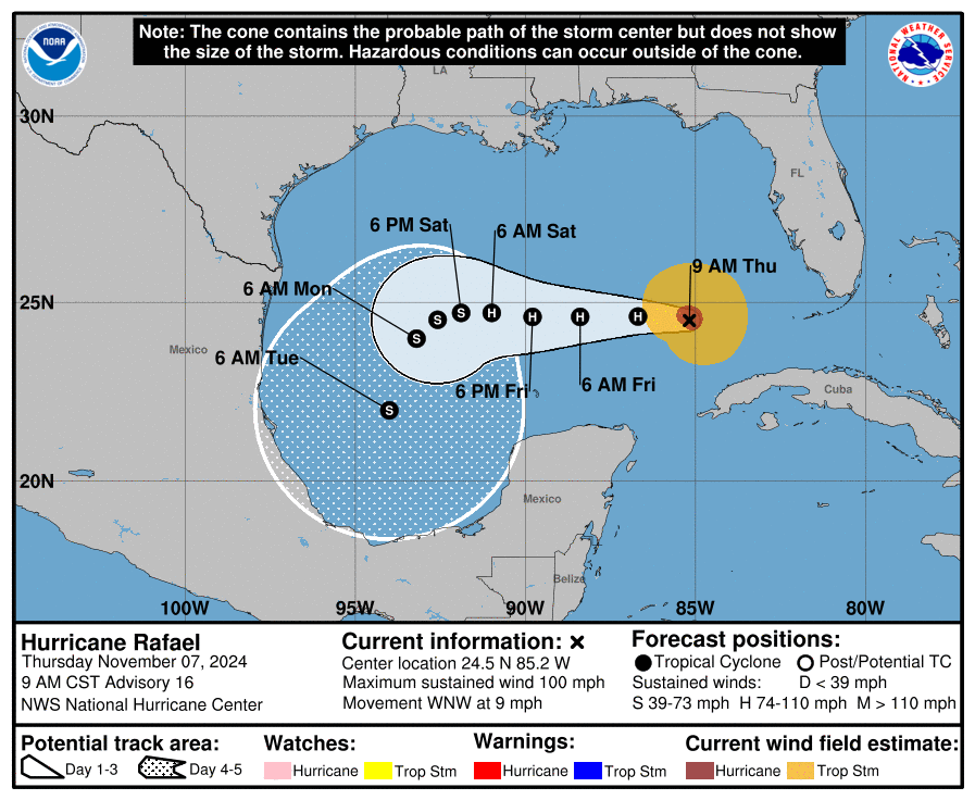 A map shows Hurricane Rafael’s path on Thursday morning. The storm has weakened a bit since striking Cuba.