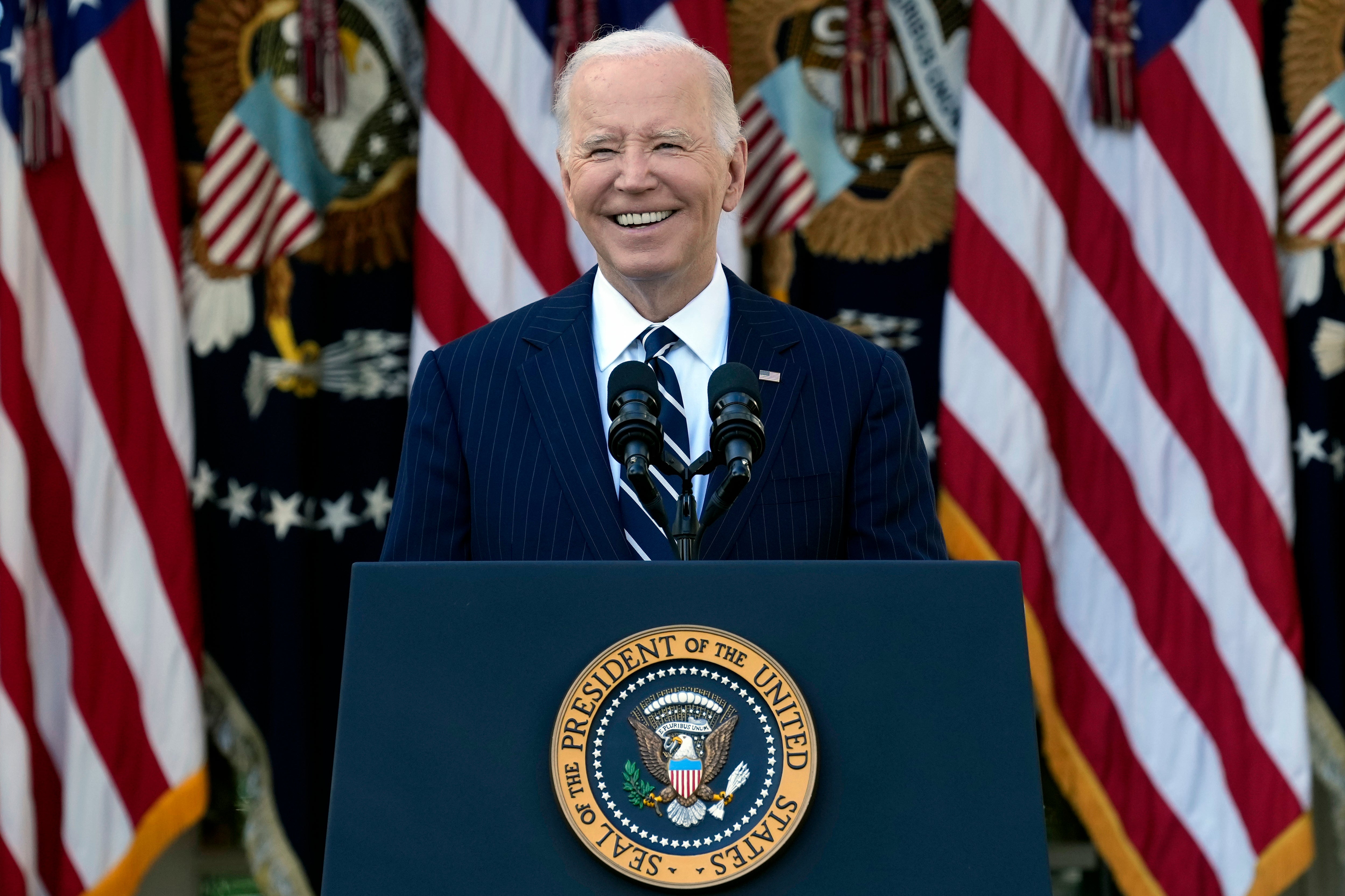 President Joe Biden speaks in the Rose Garden of the White House in Washington on Thursday