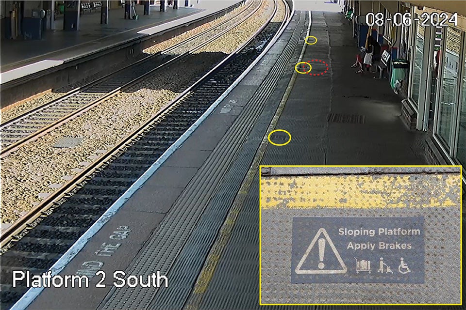 CCTV footage showing the locations of the signs on platform 2 (yellow ellipses) near where the accident occurred. The red dashed ellipse shows the approximate position of the pram 15 seconds before the accident.