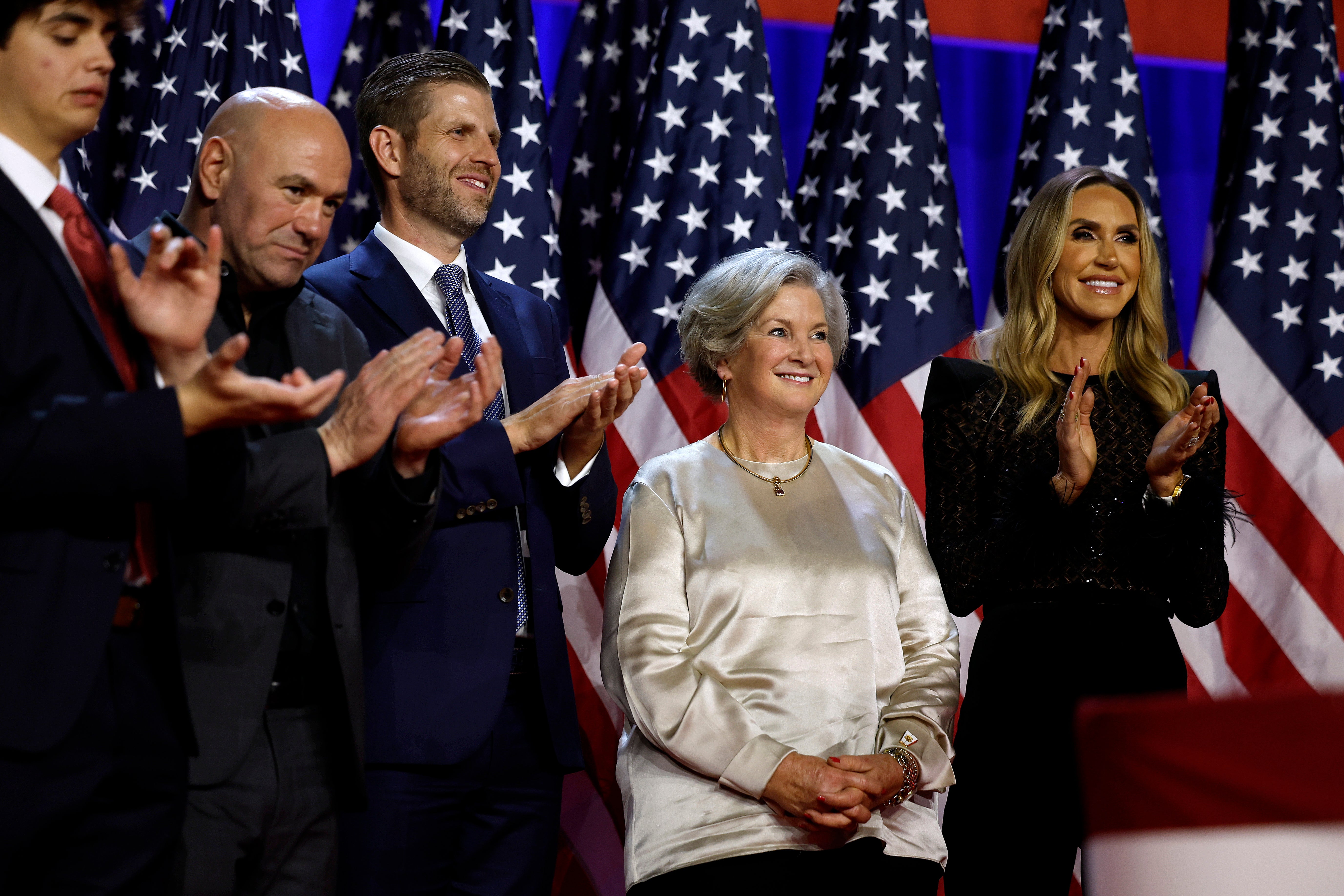 Susie Wiles (2nd R), senior advisor to Republican presidential nominee, former US President Donald Trump’s campaign, is recognized for her work during an election night event at the Palm Beach Convention Center