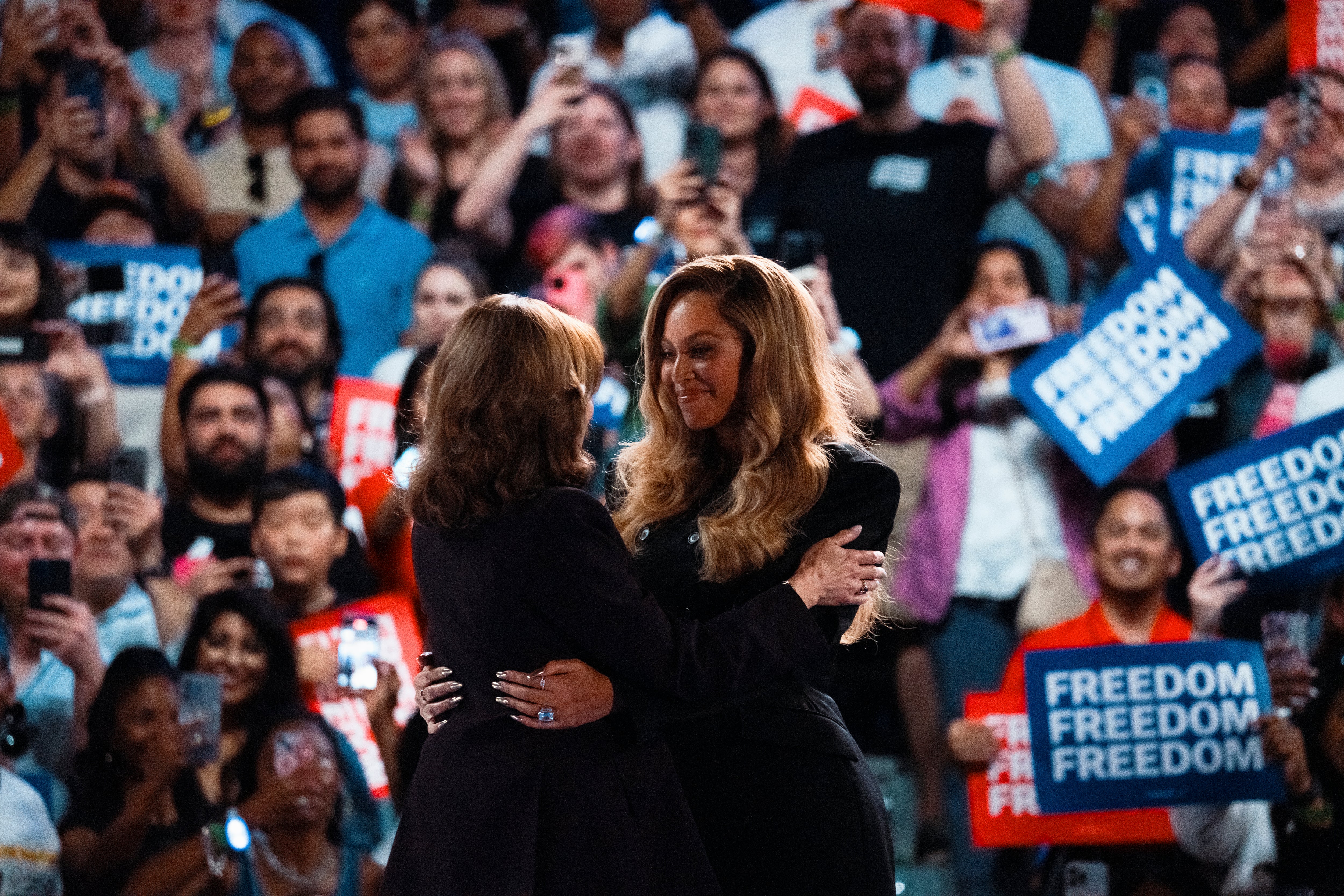 Kamala Harris embraces Beyonce at a campaign rally on October 25, 2024 in Houston, Texas. A litany of celebrity endorsements didn’t appear to help the vice president