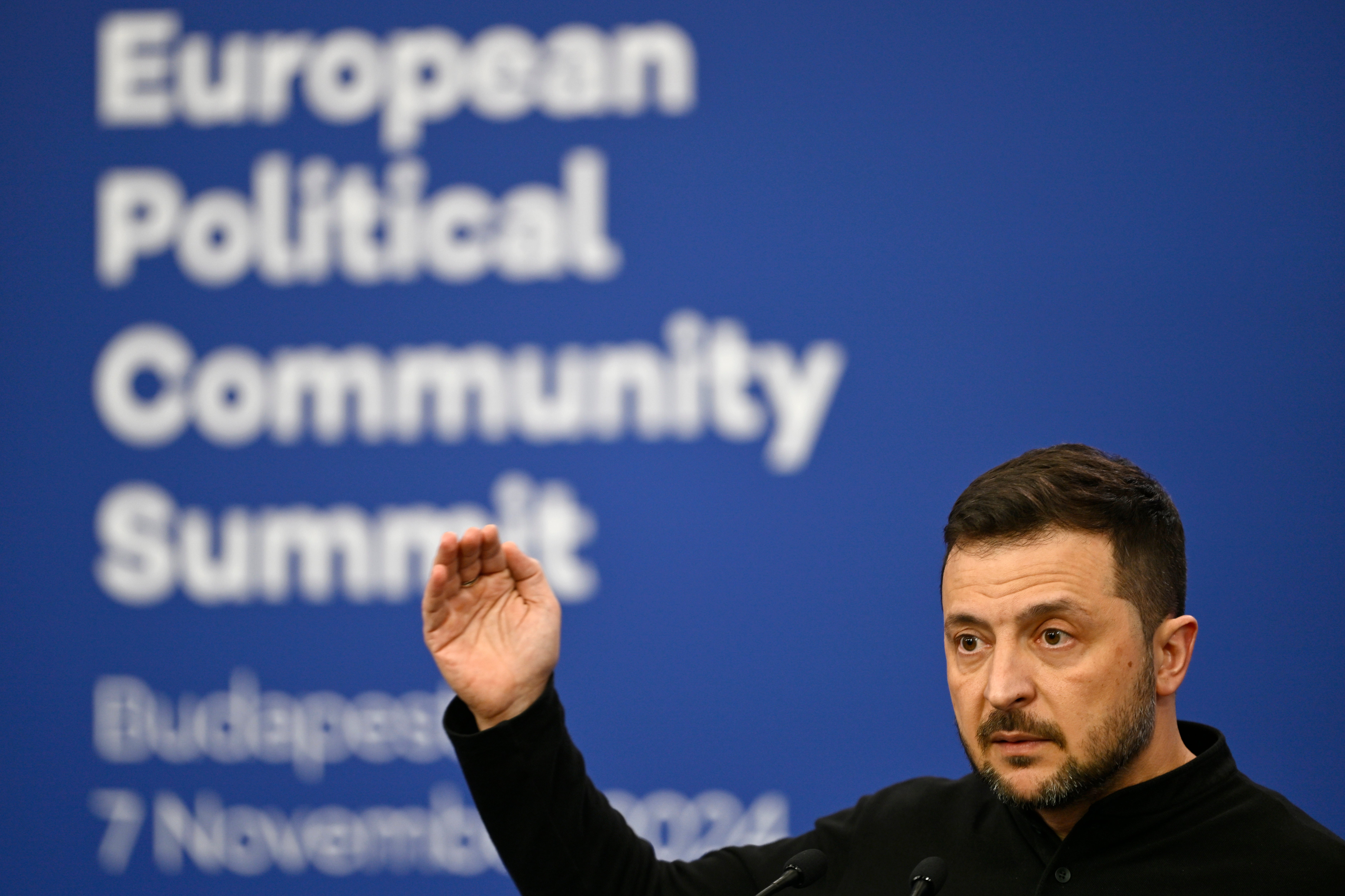 Volodymyr Zelensky speaking at the European Political Community (EPC) Summit in Budapest on Thursday