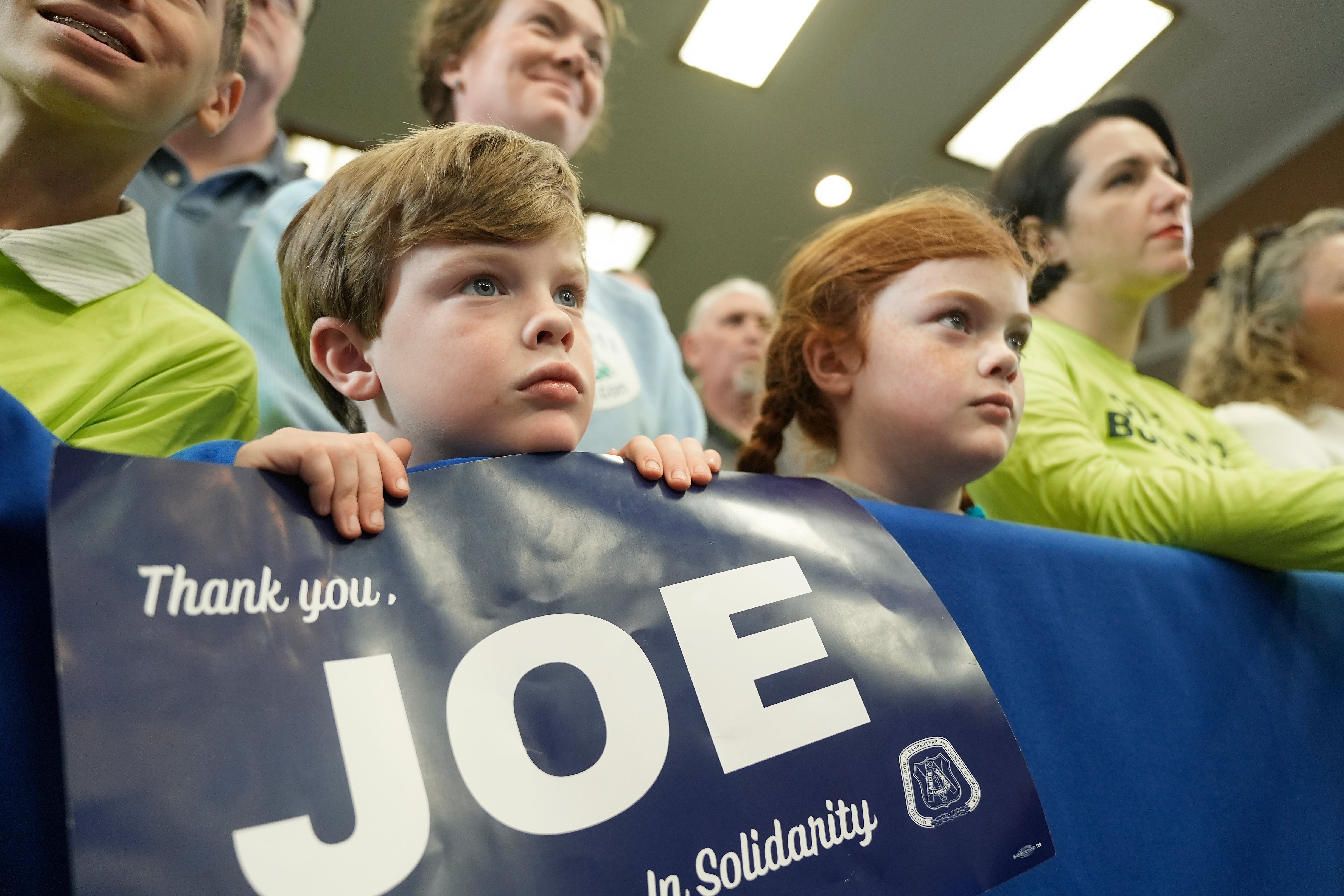 Frank Sweeny and Betty Sweeney listening to President Joe Biden speak to labor union members at Carpenters Local 445, in Scranton, Pa., Saturday, Nov. 2, 2024.