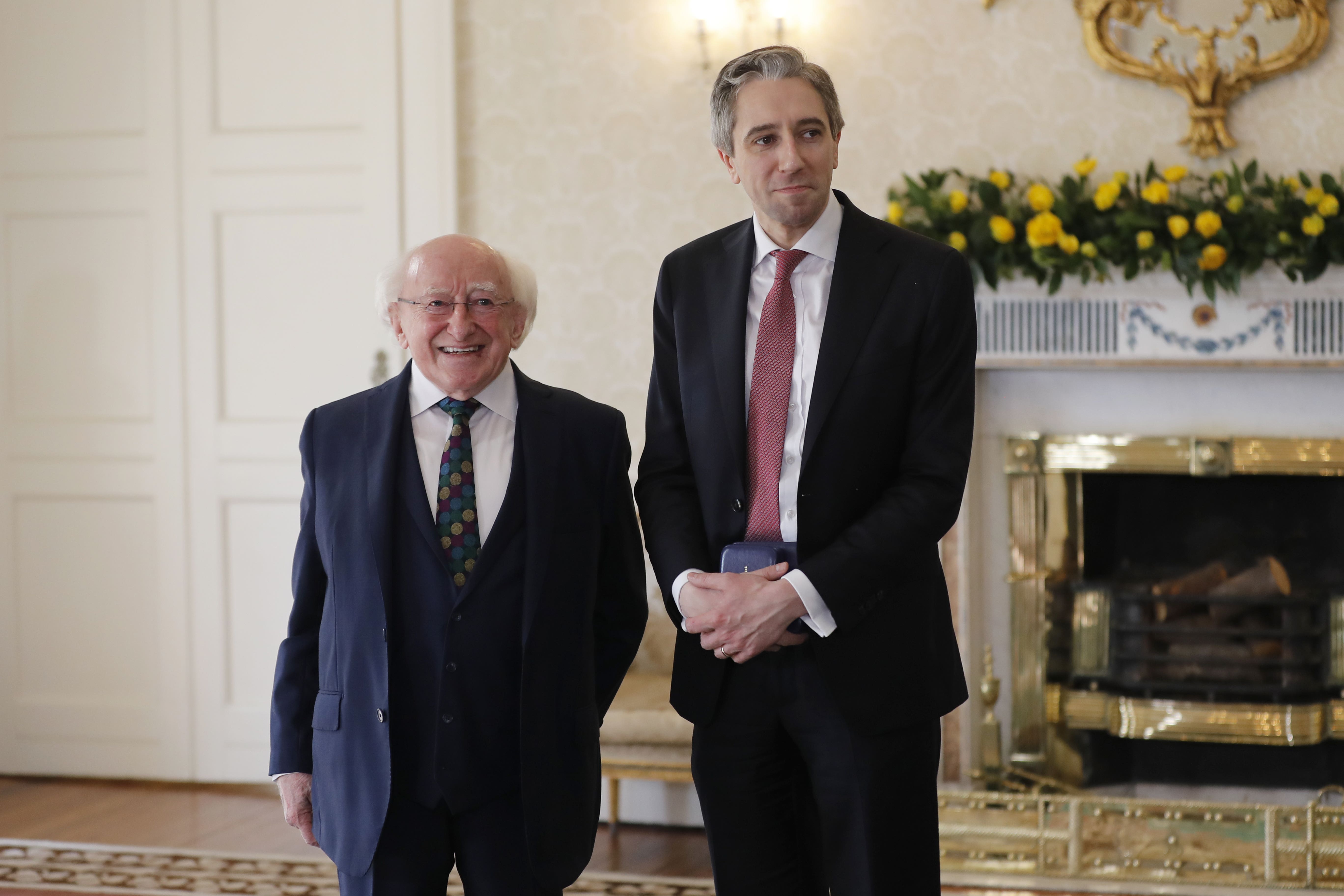 Fine Gael leader Simon Harris at Aras an Uachtarain meeting the President of Ireland Michael D Higgins (PA)