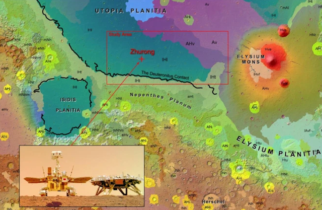 <p>Red cross denotes the Zhurong landing site on a geologic map of Mars </p>