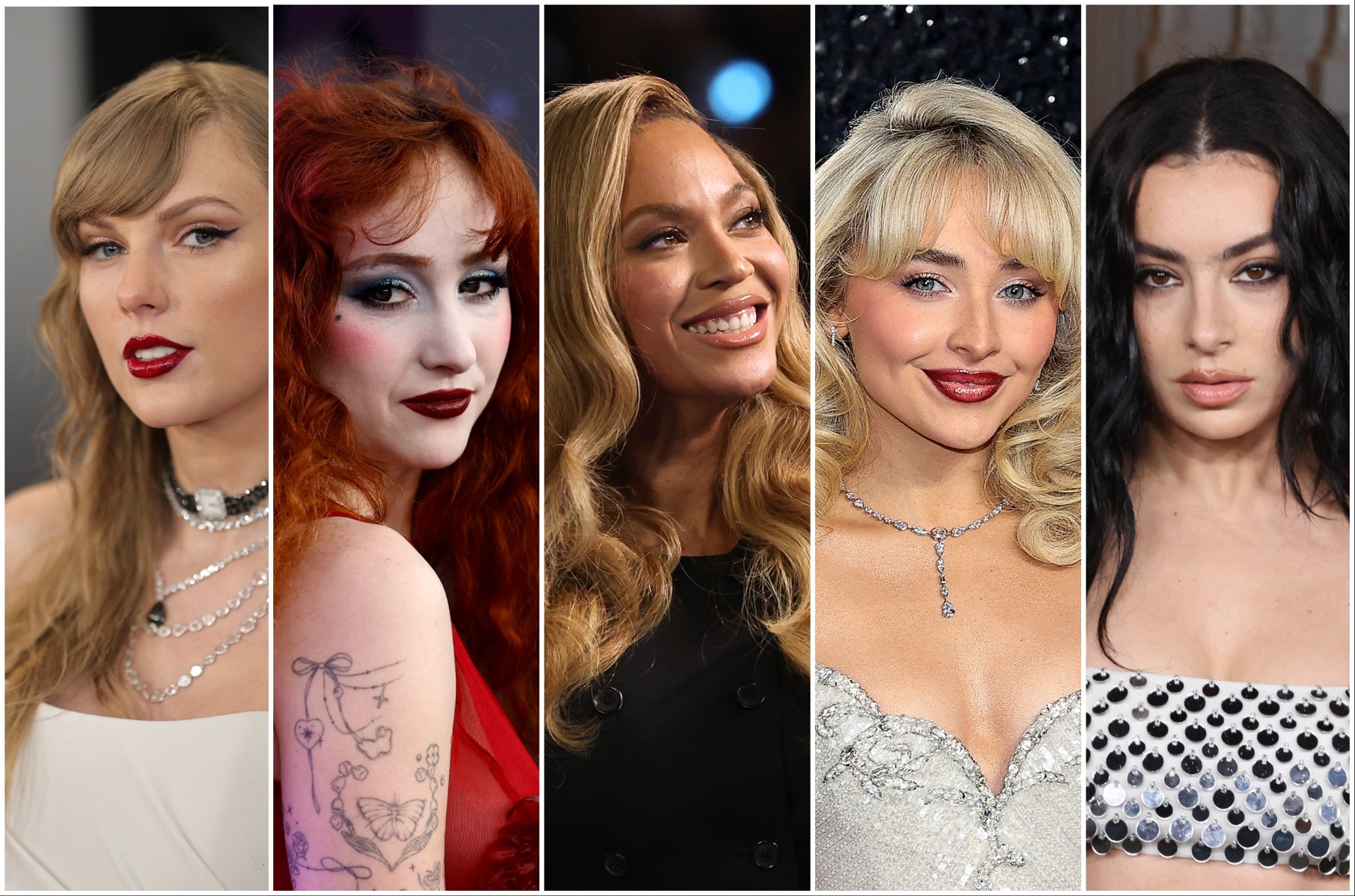 L-R: Taylor Swift, Chappell Roan, Beyonce, Sabrina Carpenter and Charli XCX were among the biggest artists of 2024