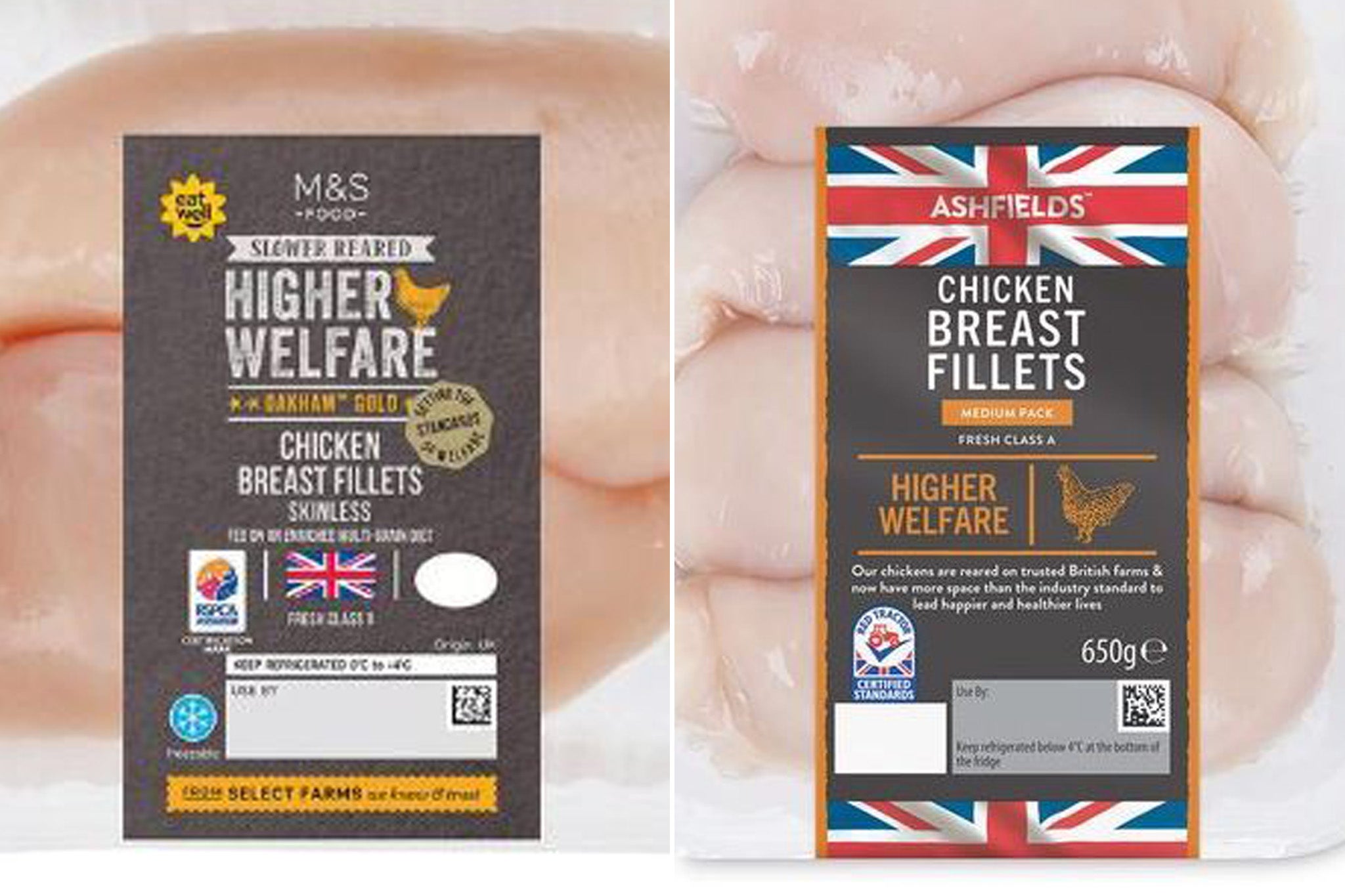 M&S (label on the left) has signed the Better Chicken Commitment; Aldi (label on the right) has not