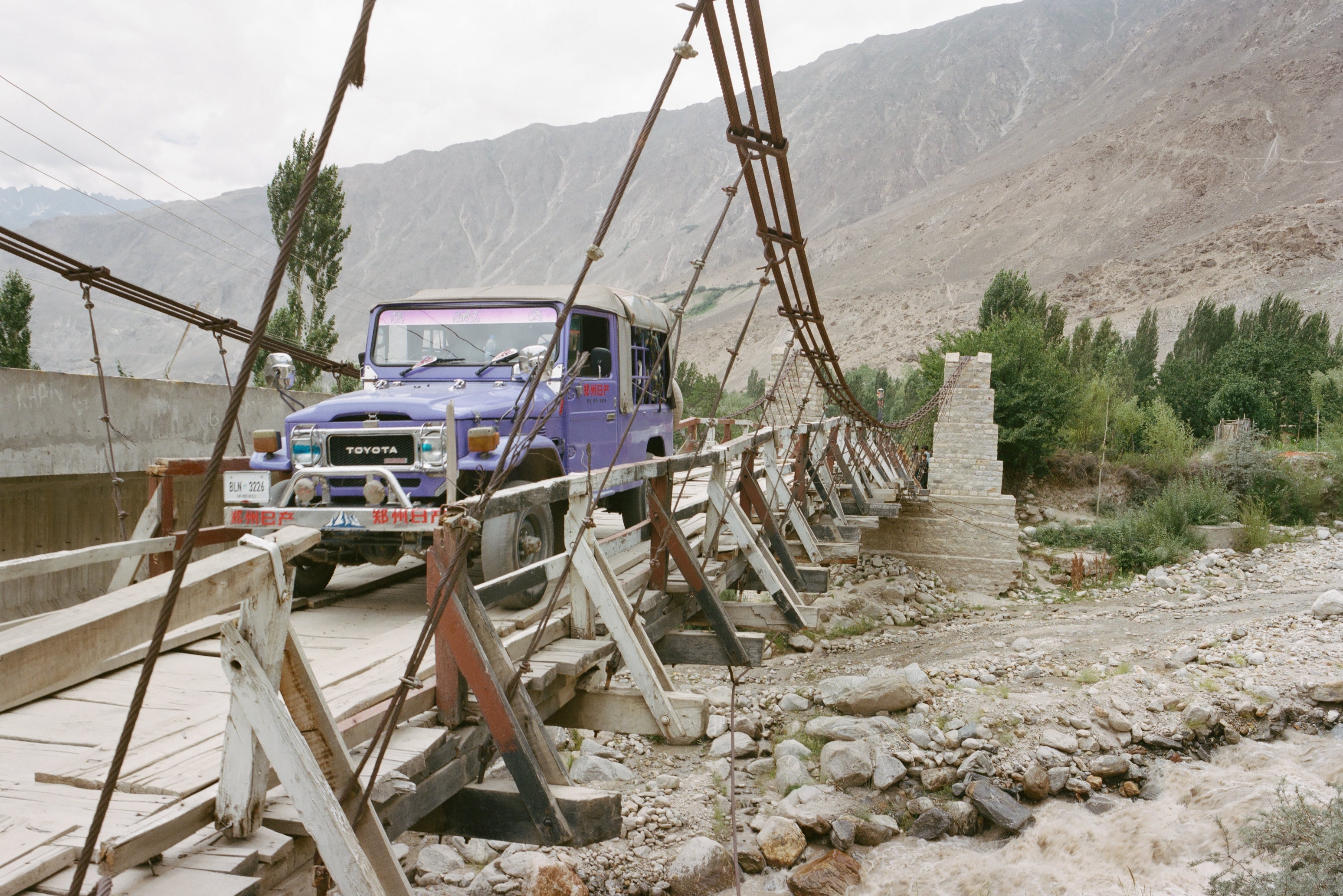 Crossing one of the rickety bridges on the way to Askole on four wheels