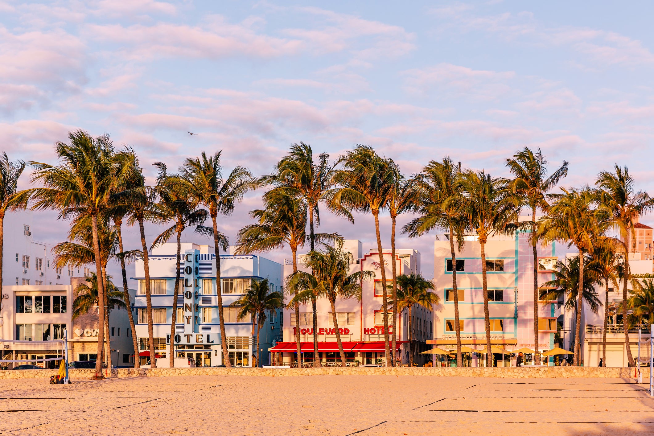 Art Deco hotels along the beach in Miami